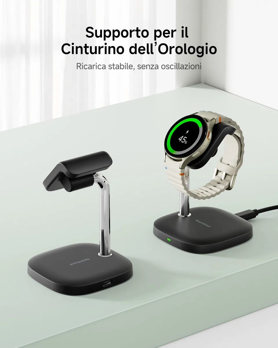 SwanScout Supporto di ricarica per Samsung Watch, ricarica rapida per Samsung Galaxy Watch Ultra(2025)/8/8 Classic/7/Ultra/6/6 Classic/5/5 Pro/4/3/Active 2, SwanScout 505S (Nero)