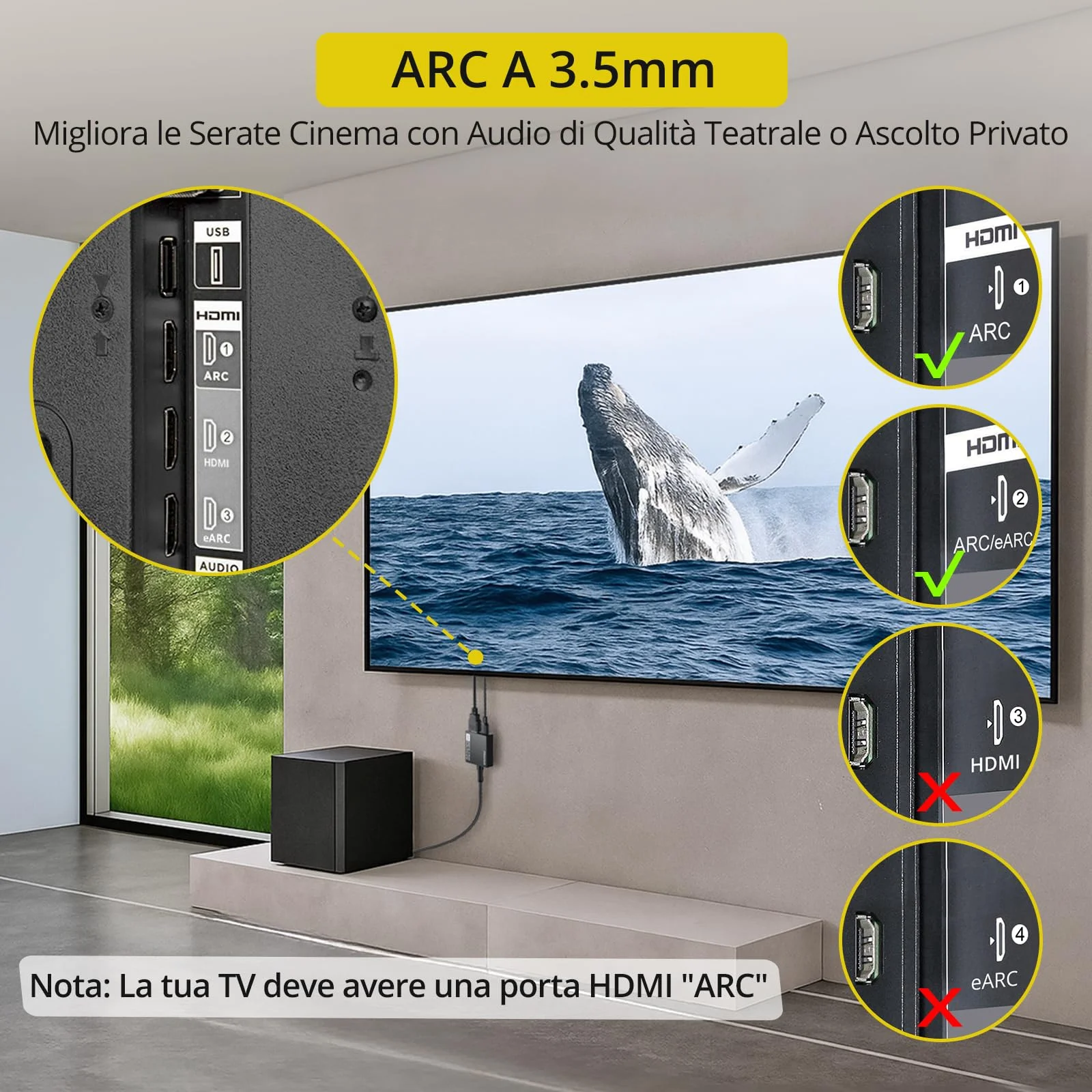 PROZOR Convertitore HDMI ARC a Jack 3.5mm per TV Estrattore Audio con Controllo Volume CEC, Uscita Stereo PCM 192kHz per Cuffie/Altoparlanti, Alimentazione USB (Cavi HDMI e RCA Inclusi)