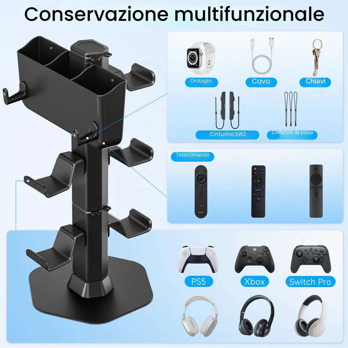 Supporto Controller e Cuffie con Porta Telecomando Condizionatore, Porta Joystick da Scrivania con 2 Ganci (per Orologi/Cavi) Accessori per PS5/PS4/Xbox/Switch, Organizer per Controller e Cuffi