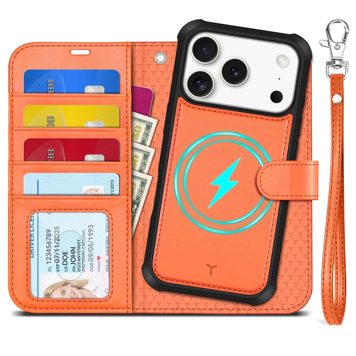 TUCCH Cover 2 in 1 per iPhone 17 Pro 6,3-pollici 5G 2025 [Blocco RFID] | Custodia Pelle PU Antiurto Portafoglio [Slot Schede] Cinturino Rimovibile Flip Cover Cavalletto Magnetica, Arancione Cosmico