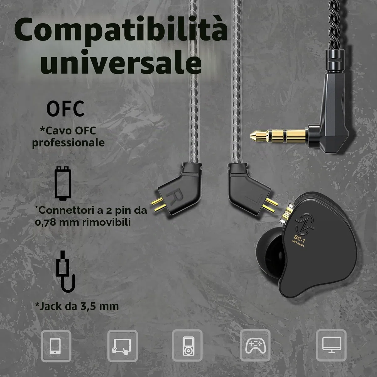 CCZ Melody Monitor In-Ear, cuffie in-ear cablate, cuffie senza microfono, IEM HiFi-Bass con 1DD 1BA, alette auricolari, cavo 4N OFC per musicisti, cantanti, batteristi, sul palco, studio