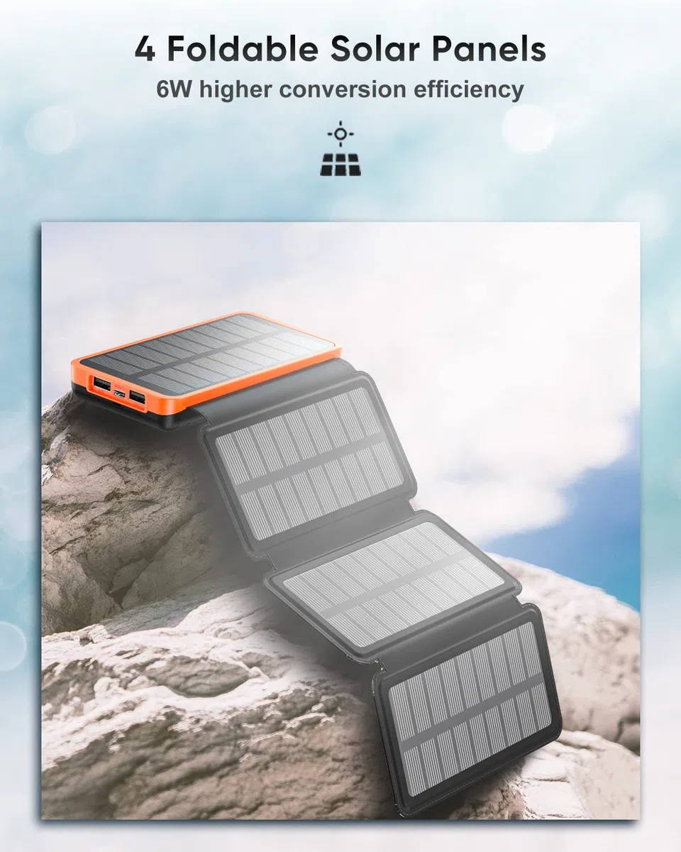 Powerbank Solare 20000mAh Hiluckey Caricabatterie Solare Portatile con USB C Ricarica Rapida e 4 Pannelli Solari Impermeabile Batteria Esterna per Smartphone, Tablet e Campeggio