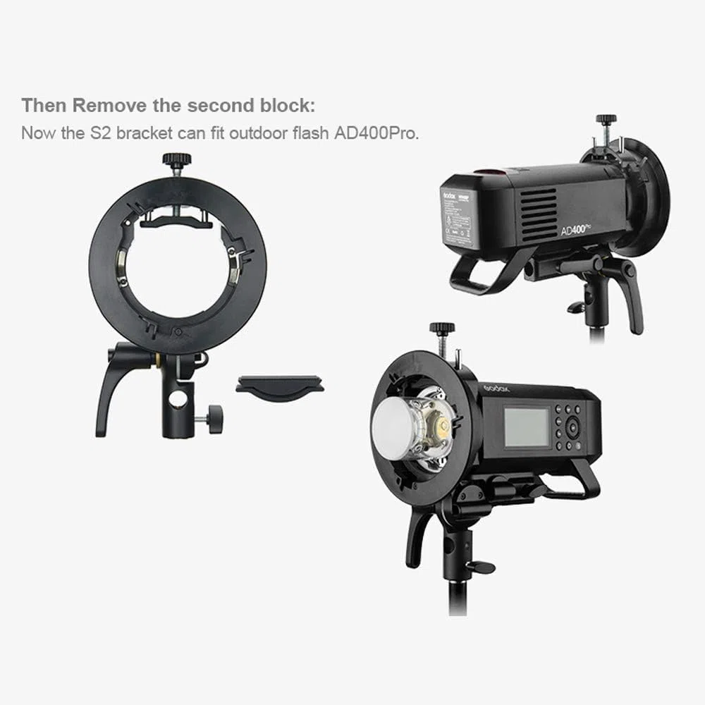 Godox S2 Supporto Bowens, Flash Bracket compatibile con flash Godox V100 AD200 Pro II V1 Pro RS60R AD100 Pro RS60BI TT600, Funziona anche con Flash Sony Canon Nikon Fujifilm