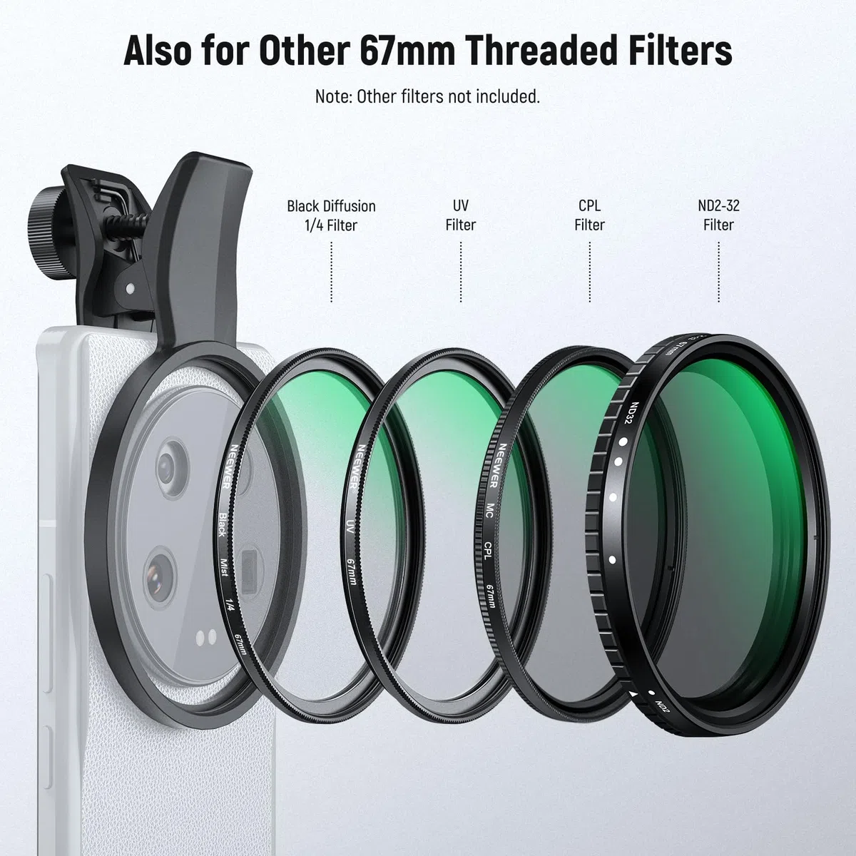 NEEWER 2in1 67mm Filtro CPL e Balck Diffusion 1/4 a Clip Compatibile con Samsung S25 Ultra Google Pixel Huawei Xiaomi,Polarizzante Circolare per Obiettivo Telefono,Kit Accessori per Fotografia,FL-B36