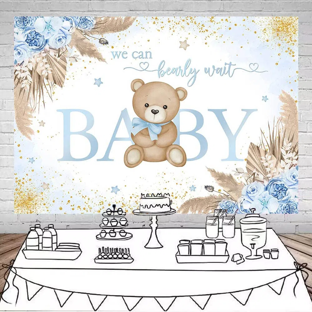 Avezano Sfondo decorativo per baby shower con orsetto bohémien, per baby shower, feste e fotografie, 2,1 x 1,5 m