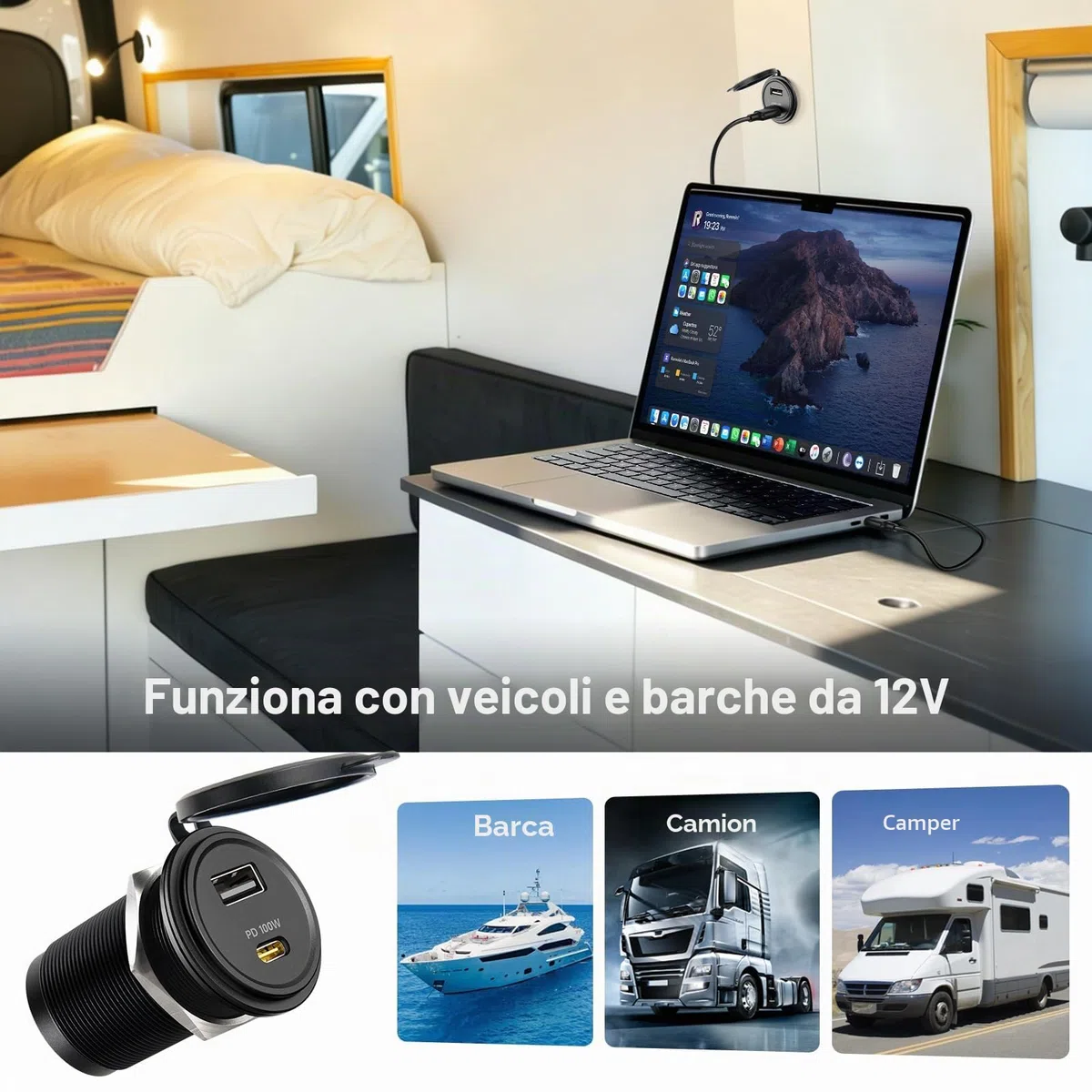 Presa USB 12V Camper, Alluminio Presa USB-C 100W & QC3.0 18W Caricatore Carica Rapida per Laptop, per Roulotte Barca Camion Auto,1 Pezzo