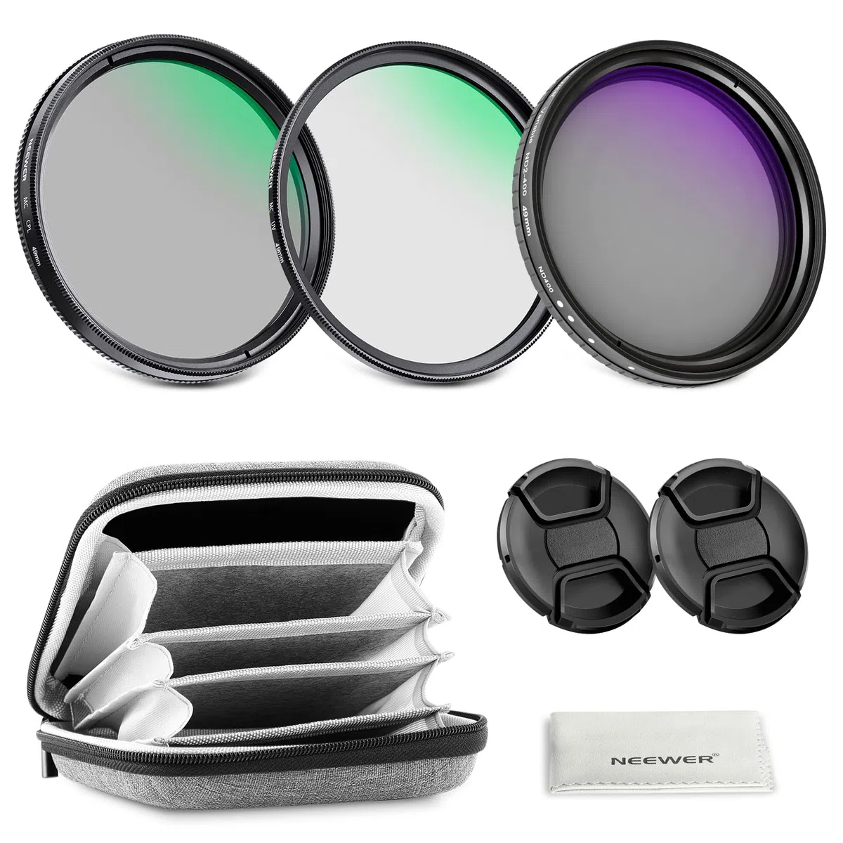 NEEWER 49mm Kit Filtro ND Variabile+CPL+UV (3pz), Filtri a Densità Neutra (ND2-400) Polarizzatore Circolare Multistrato per Lente Fotocamera, Set Accessori per Fotografia con Custodia e Copriobiettivo