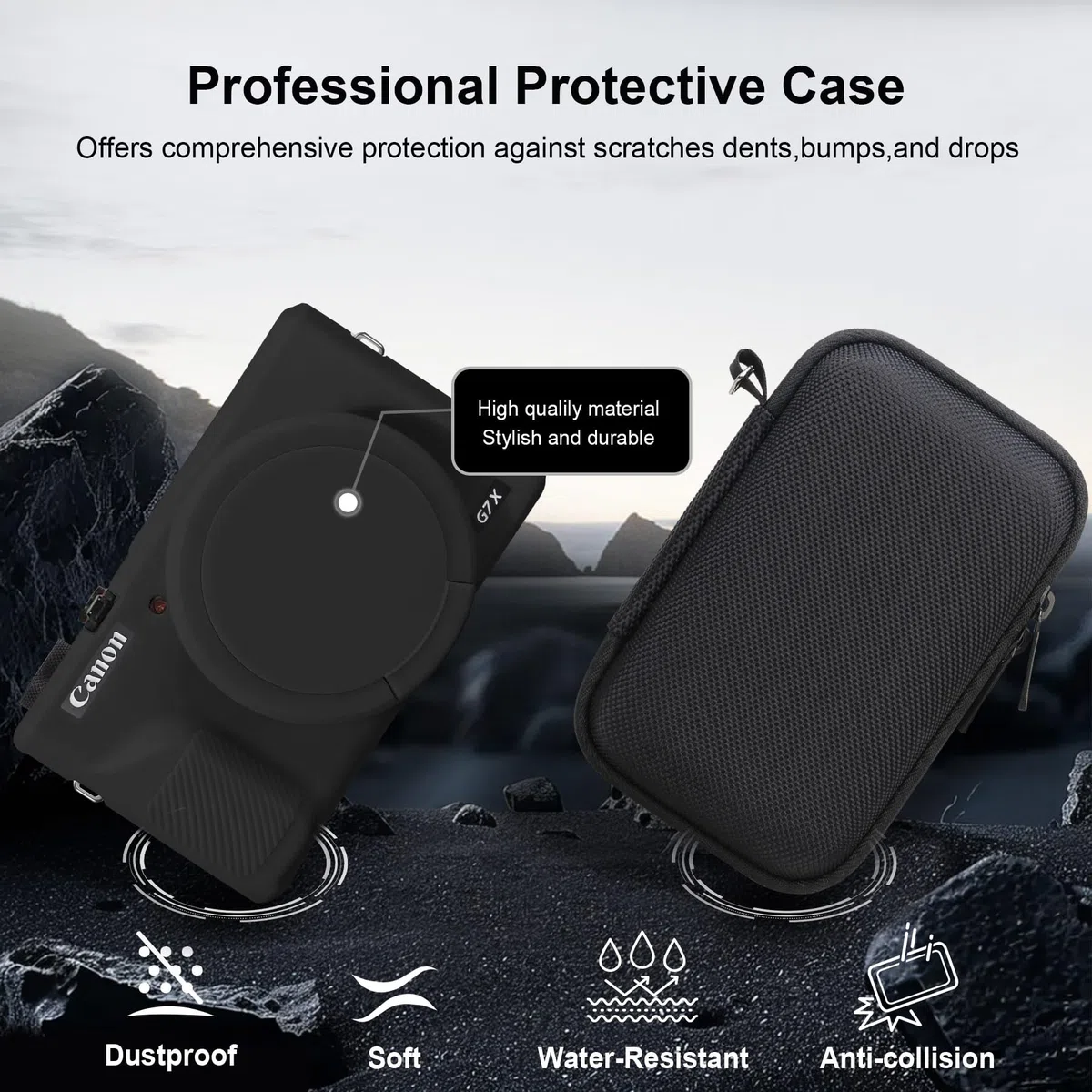 RAIALL Custodia per fotocamera digitale Canon PowerShot G7X Mark III, 1* custodia rigida da trasporto + 1* custodia protettiva morbida in silicone, Nero+Nero