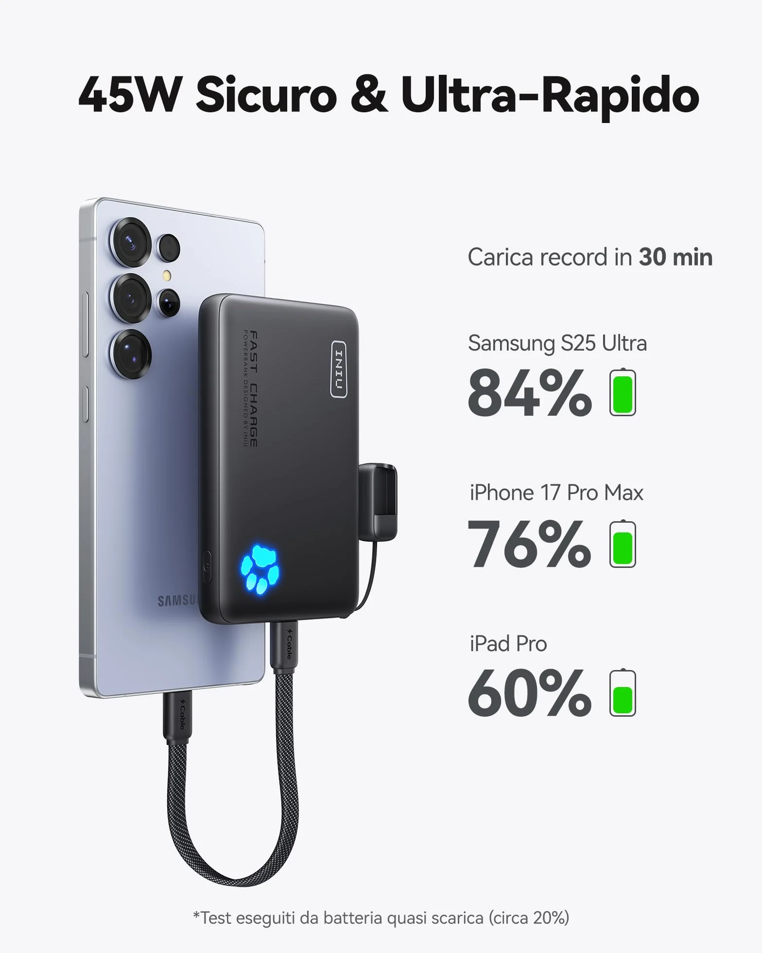 INIU Power Bank, Piccolo 45W Ricarica Rapida 10000mAh Powerbank con Cavo USB C Staccabile, Idoneo per Volo, Essenziali da Viaggio, Caricatore Portatile per iPhone 17 16, Samsung S25 Xiaomi iPad ecc.