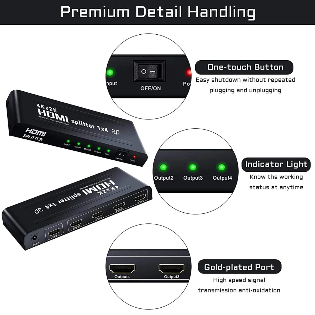 Splitter HDMI 1x4, Ripartitore HDMI 1 Input 4 Ouput, Divisore HDMI 3D 4K 1080P Full HD per HDTV STB PS3 DVD Multmedia PC ect.