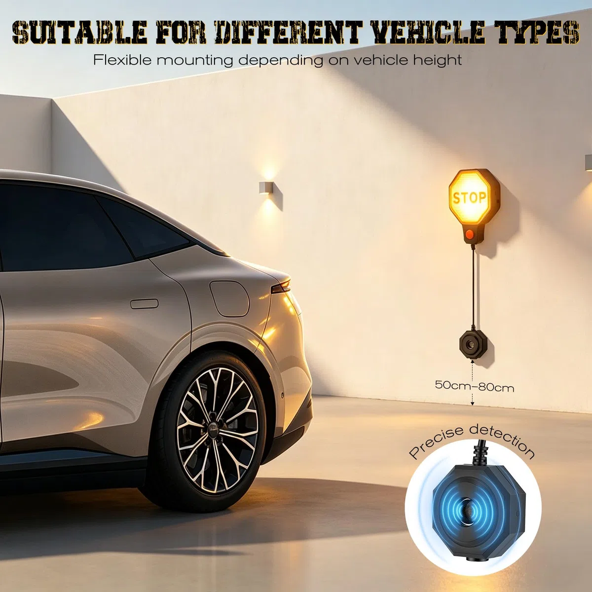 Garage ad ultrasuoni con segnale di arresto LED, sensore di parcheggio a LED con segnale acustico, sensore di parcheggio automatico per parcheggio preciso, montaggio a parete, funzionamento a batteria
