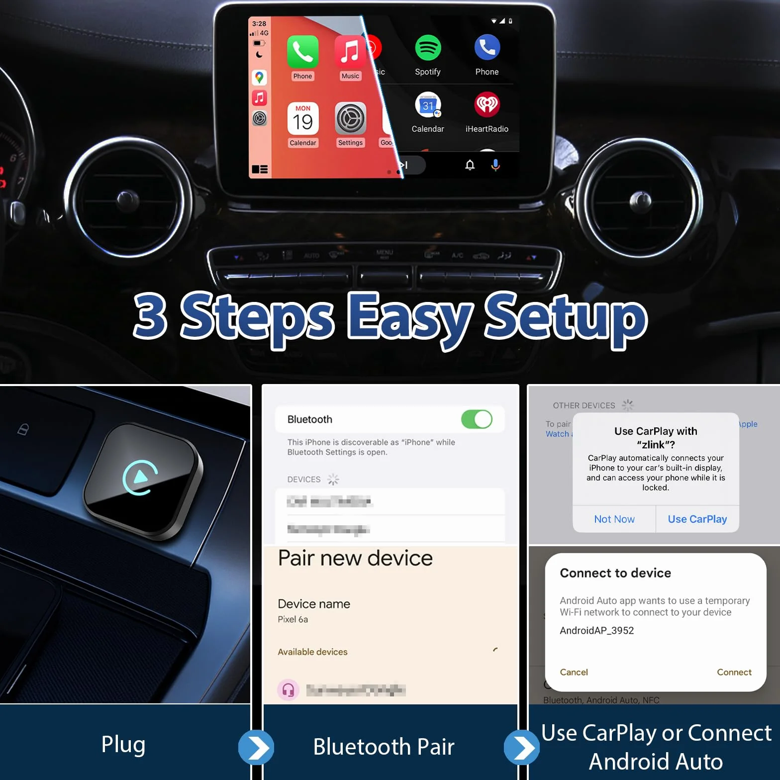 Adattatore wireless 2 in 1 CarPlay Android per auto, mini USB Plug & Play, compatibile dal 2016, connessione stabile, design ultra compatto