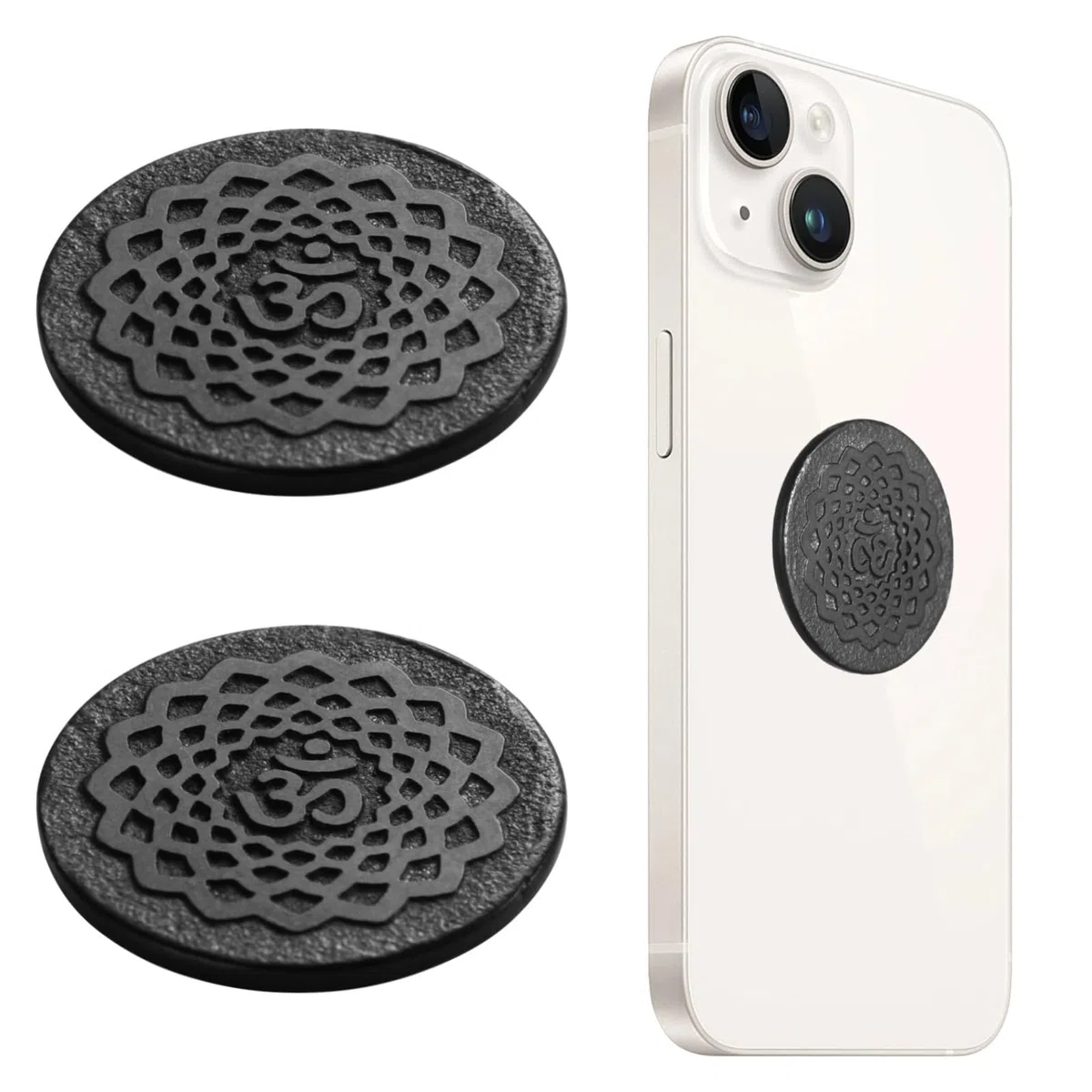 2 adesivi in shungite per smartphone, stile antico, design rotondo, schermatura emf per telefoni cellulari, simboli Ohm geometrici piastre di shungite