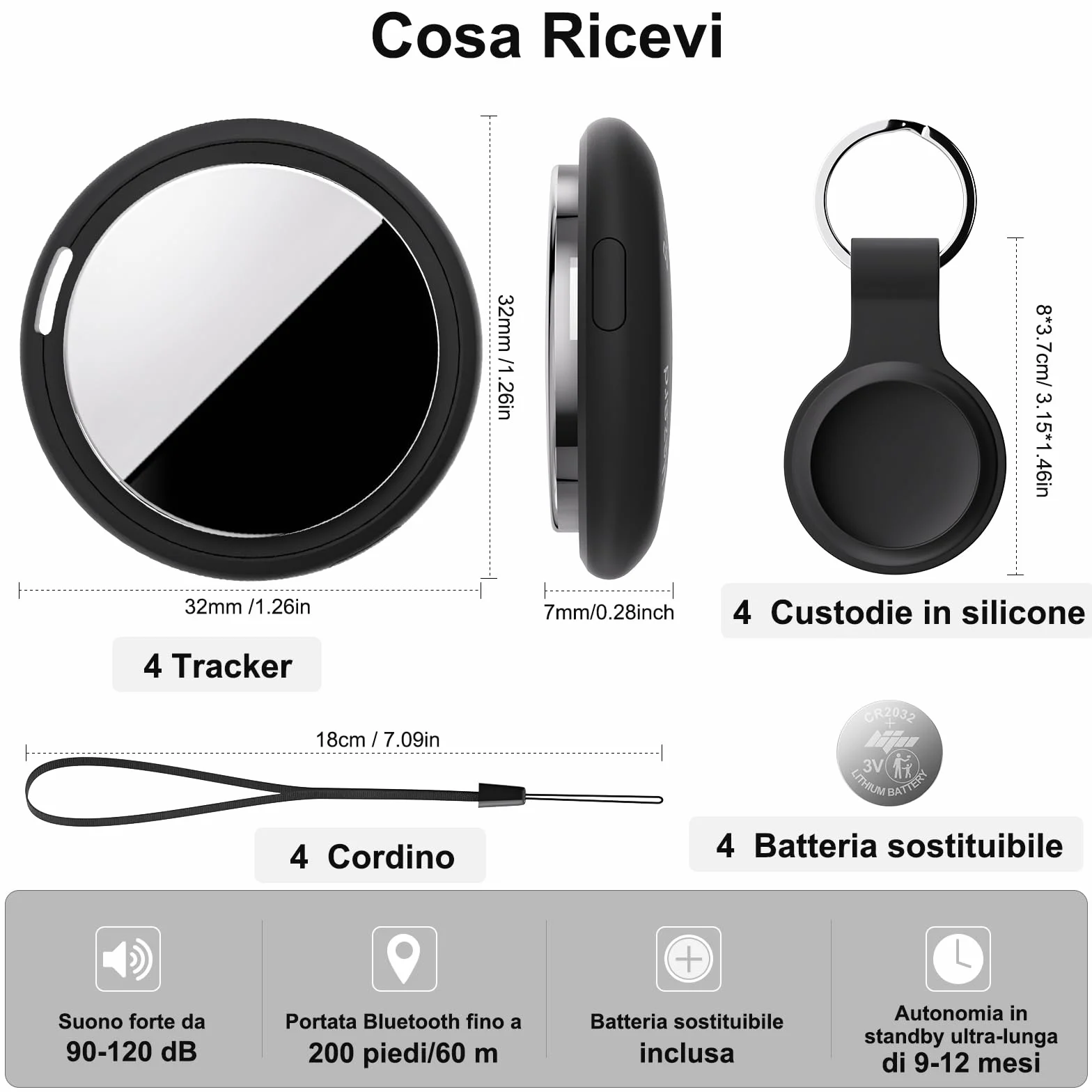 Localizzatore Smart Air Tracker Tag Compatibile Apple Dov'è (solo iOS) Batteria di Ricambio Inclusam, Adatto per Chiavi, Portafoglio, Auto, Bici, Cane, Gatto (Nero, Confezione da 4)