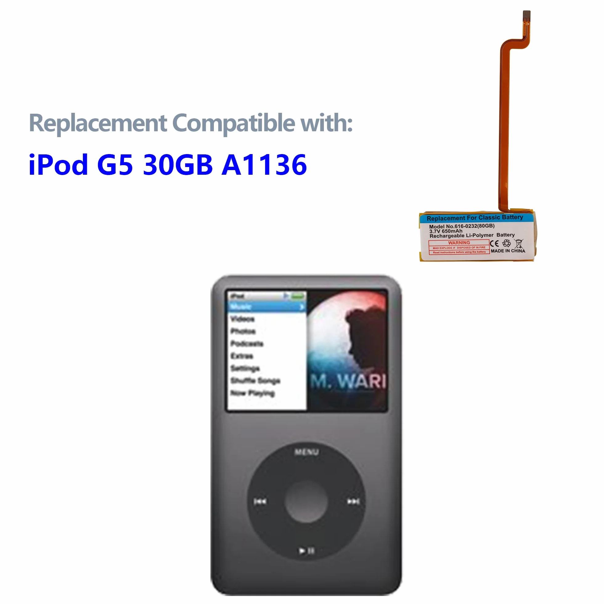 616-0227, 616-0229, 616-0230, 616-0412, 616-0232, batteria compatibile con iPod-G5 30 GB A1136, iPod Classic 6th 7th gen con strumenti