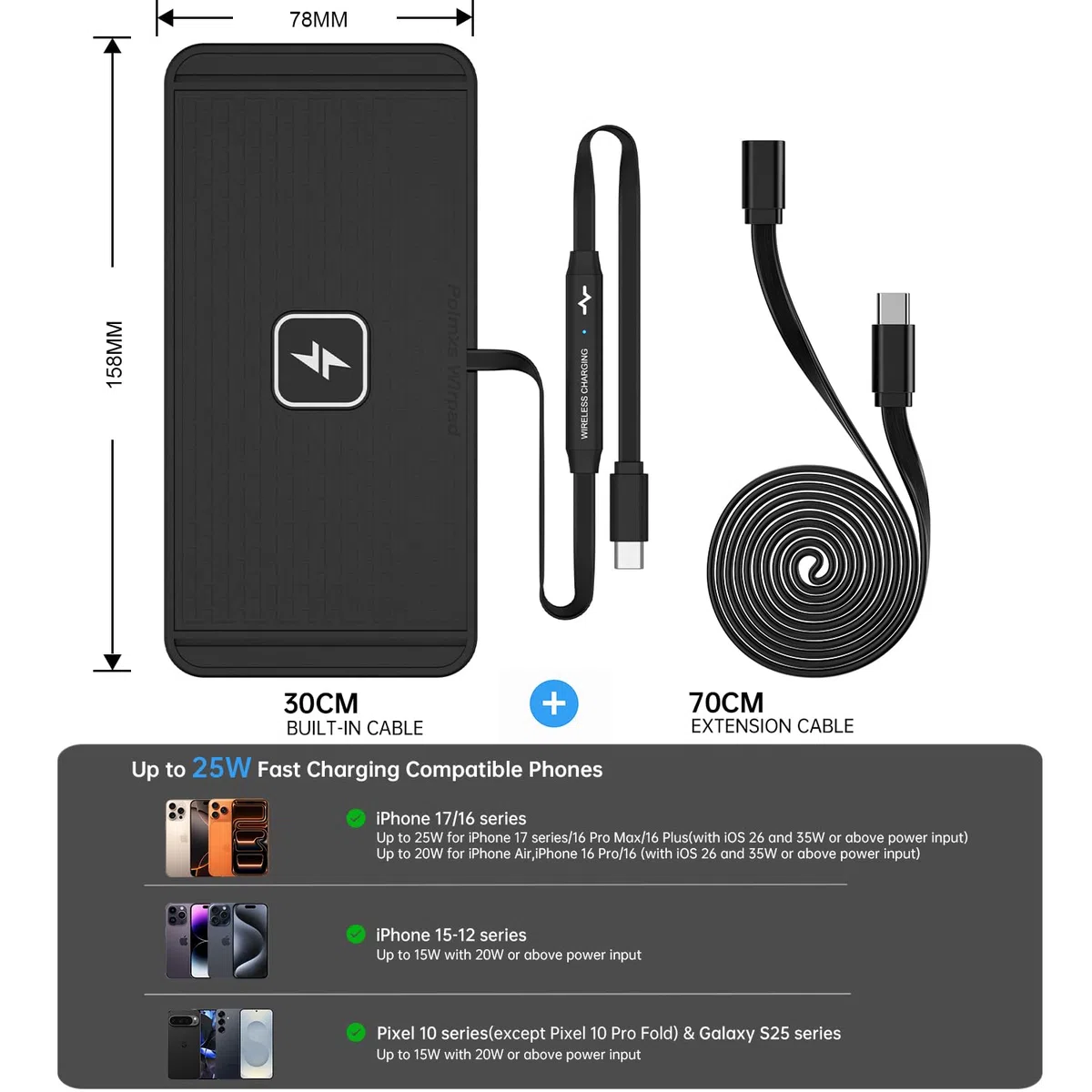 Polmxs - Caricabatterie wireless da 25W, tappetino per ricarica rapida antiscivolo, con caricabatterie da 45W per auto e cavo USB-C esteso per iPhone 17 16 15 14, Samsung Galaxy S25 S24, Google Pixel