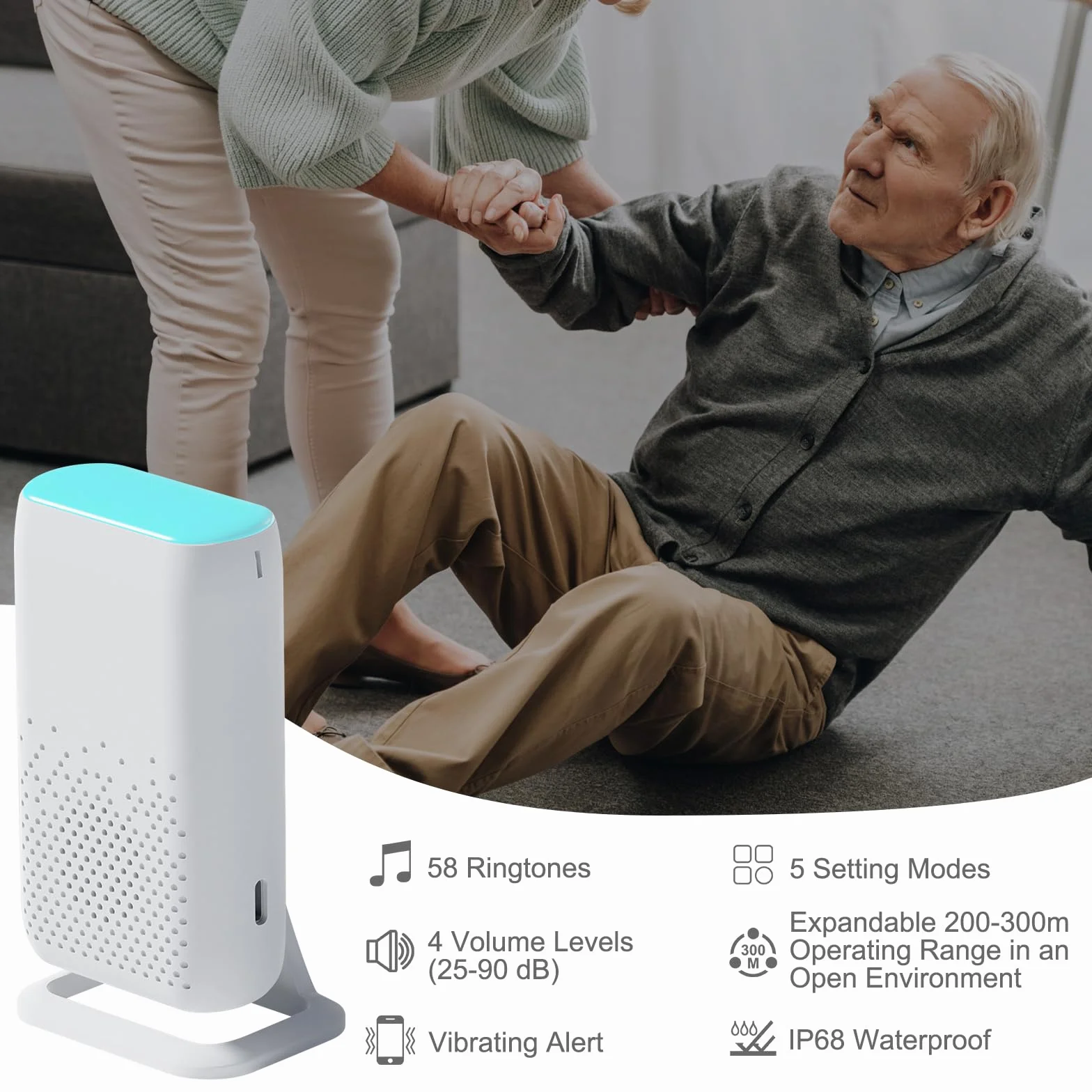 Pulsante di Chiamata di Emergenza Wireless per Anziani, Allarme Pager a Vibrazione Caregiver Pager Allarme Cercapersone per Anziani Bambini (1 in 1)