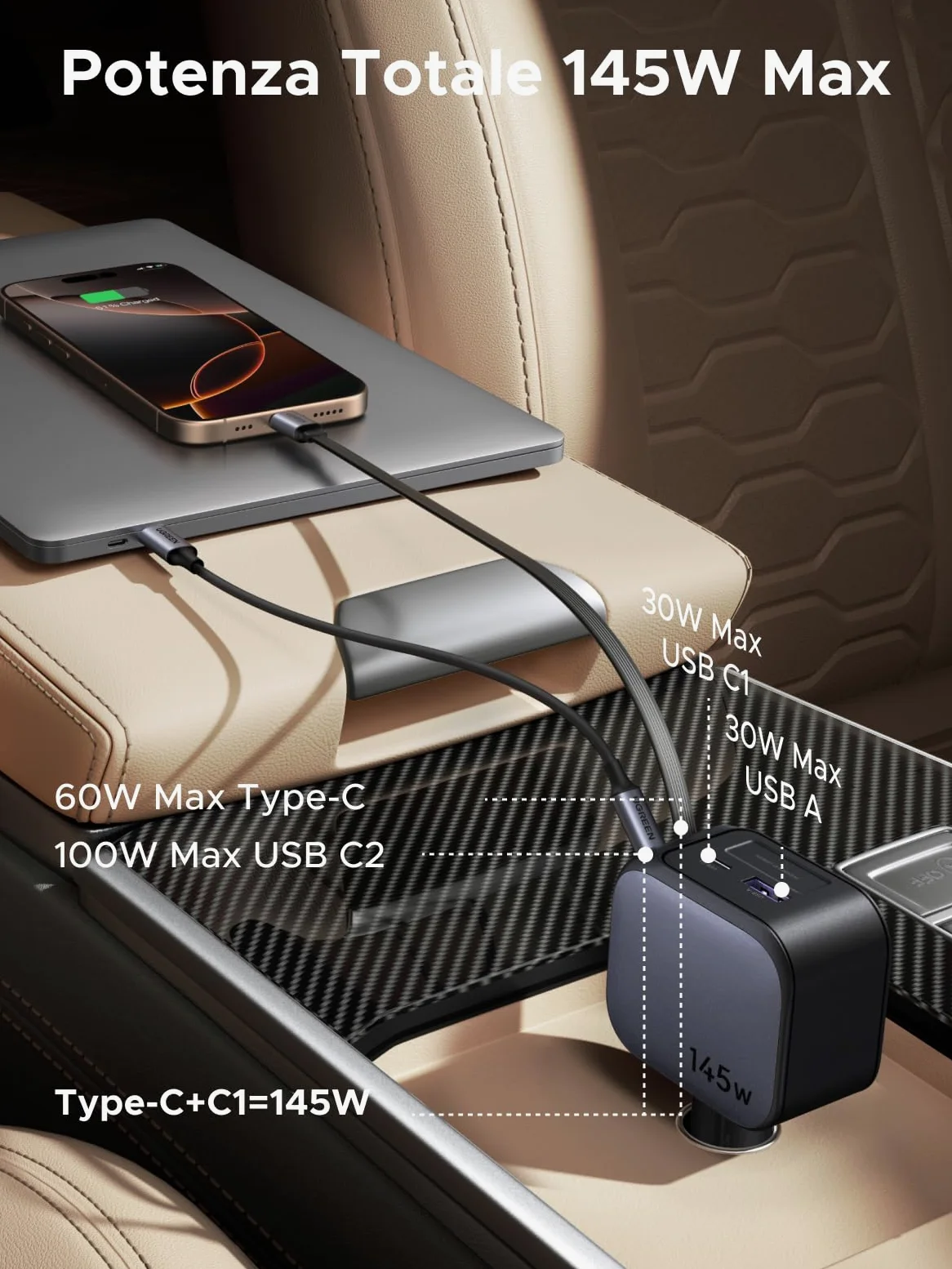 UGREEN 145W Retrattile Caricatore Auto, Caricabatteria Accendisigari USB C Ricarica Rapida 4 Porta, Compatibile con iPhone 17 Pro Max Air/iPhone 16/15/14, Galaxy S25/24, Pixel10/9, MacBook, iPad