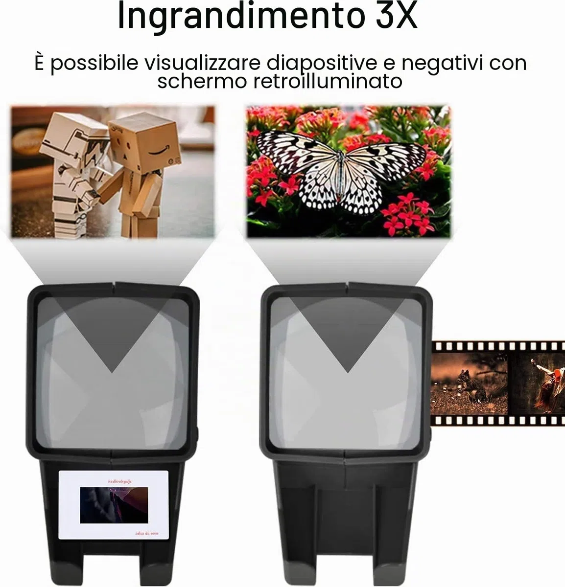 35 mm, ingrandimento 3x e visualizzazione da tavolo illuminata a LED e funzionamento a batteria, per diapositive da 35 mm e negativi del film positivo (batterie 4AA incluse)