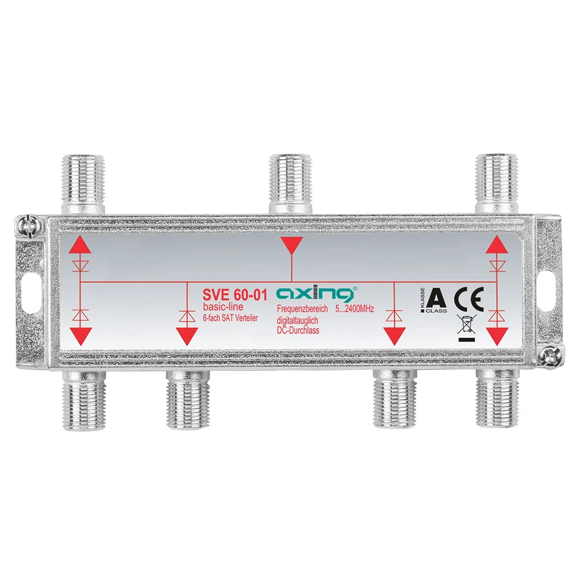 Axing SVE 60-01 Distributore partitore satellitare e digitale terrrestre 6 Vie, Splitter 5-2400 MHz, connettore F, con passagio DC