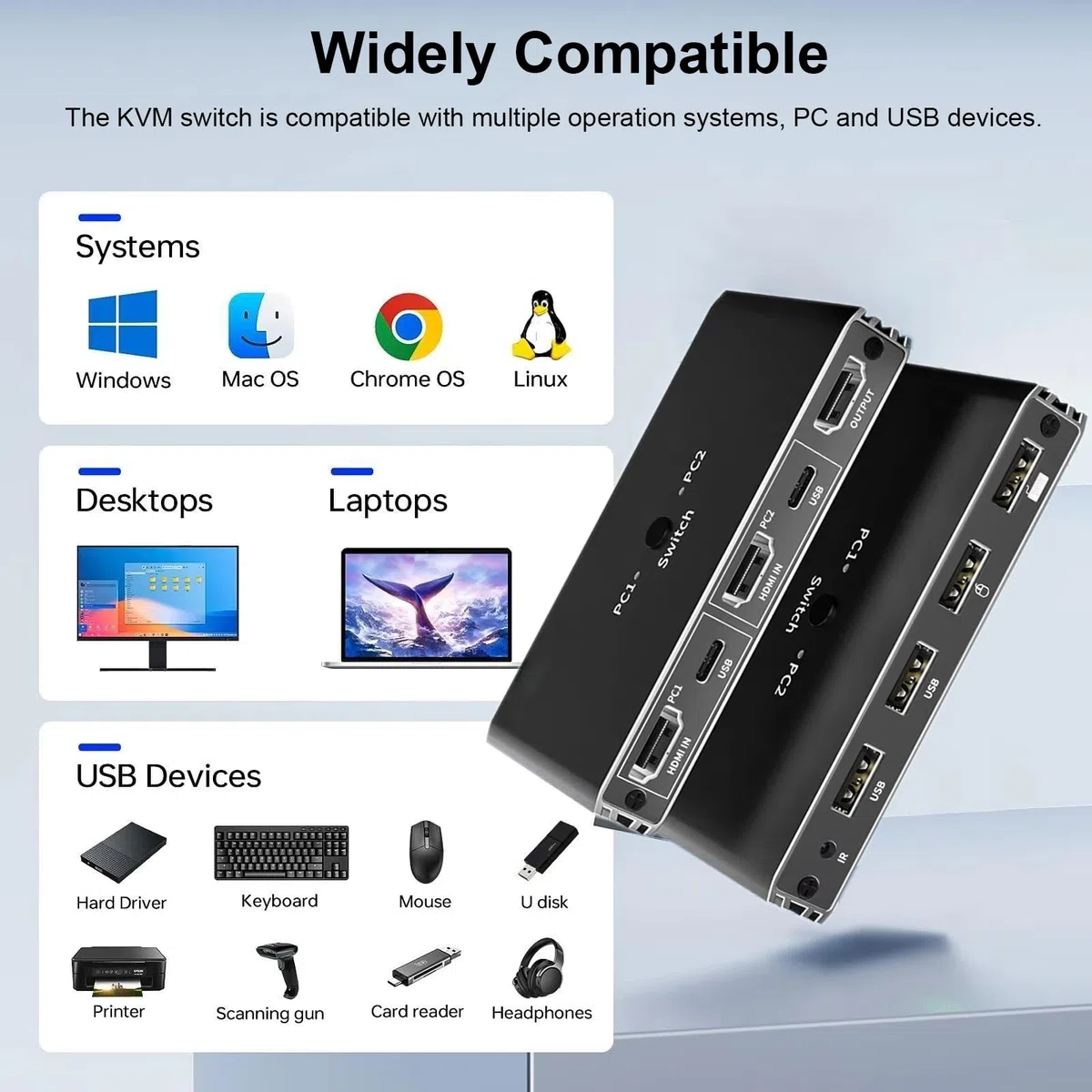 Interruttore KVM HDMI 1 Monitor 2 Computer, Switcher KVM 4K@60Hz per 2 Computer in condivisione 1 Monitor Tastiera Mouse Stampante, Interruttori KVM con telecomando