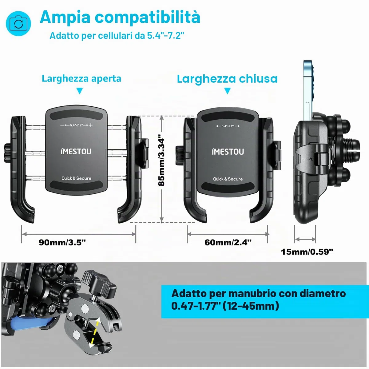 iMESTOU Supporto Cellulare Moto Antivibrazione, Supporto Universale Antivibrazione per Smartphone da 5,4"-7,2" Fino a 15 mm di Spessore, Sgancio Rapido, Adatto per Manubri di Moto e Bici da 12-45 mm