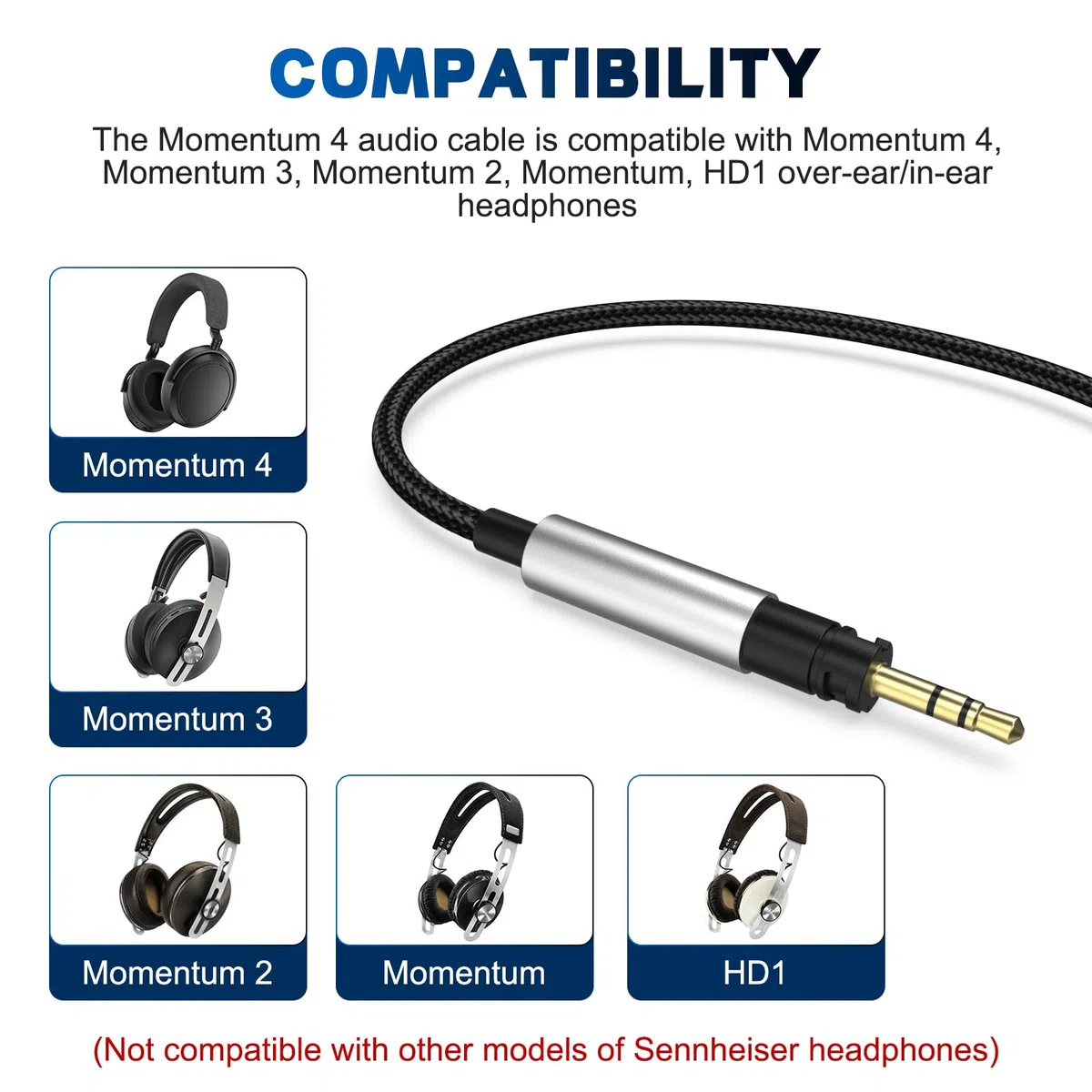 Momentum 4 Cavo compatibile con cuffie Sennheiser Momentum 4, Momentum 3, Momentum 2, HD1 On-Ear, HD 400S, HD 450BT, PXC 550, PXC 550-II, ACCENTUM Plus, cavo audio con adattatore da 6,35 mm, 2 m