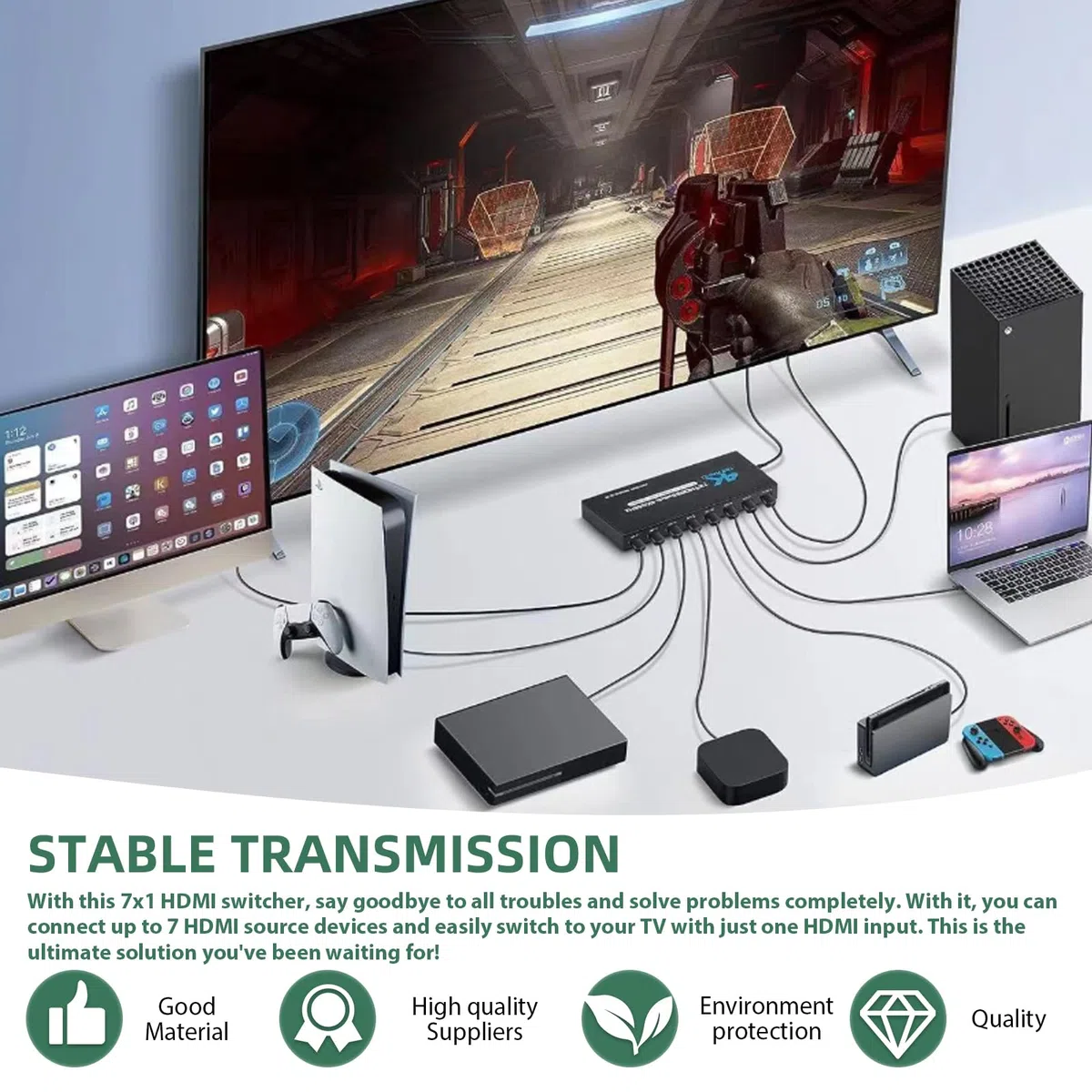 Switch HDMI 7 in 1-out, 4 K, 60 Hz, 7 x 1 HDMI, con telecomando, cavo di alimentazione, 7 connettori multipli, switch automatico, supporta HDMI2.0/HDR10 per switch, Xbox, PS4, HDTV, TV Stick, Blu-Ray