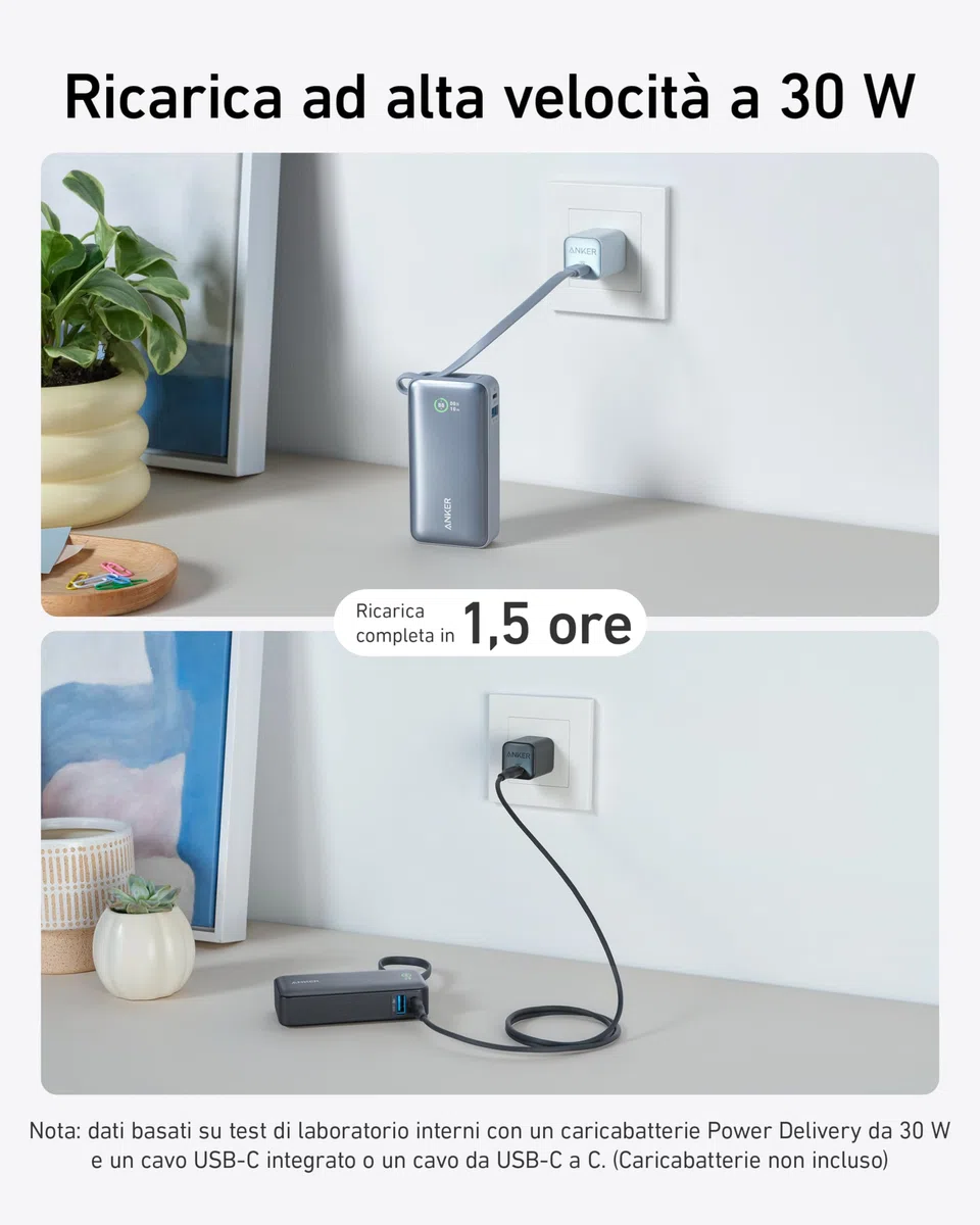 Anker Nano Power Bank Ricarica Rapida, 10000 mAh, con Cavo USB-C Integrato, PD 30 W, Potenza Massima con 1 USB C 1 USB-A, Compatibile con iPhone 17 pro max/16, MacBook, Samsung, iPad e Molto Altro