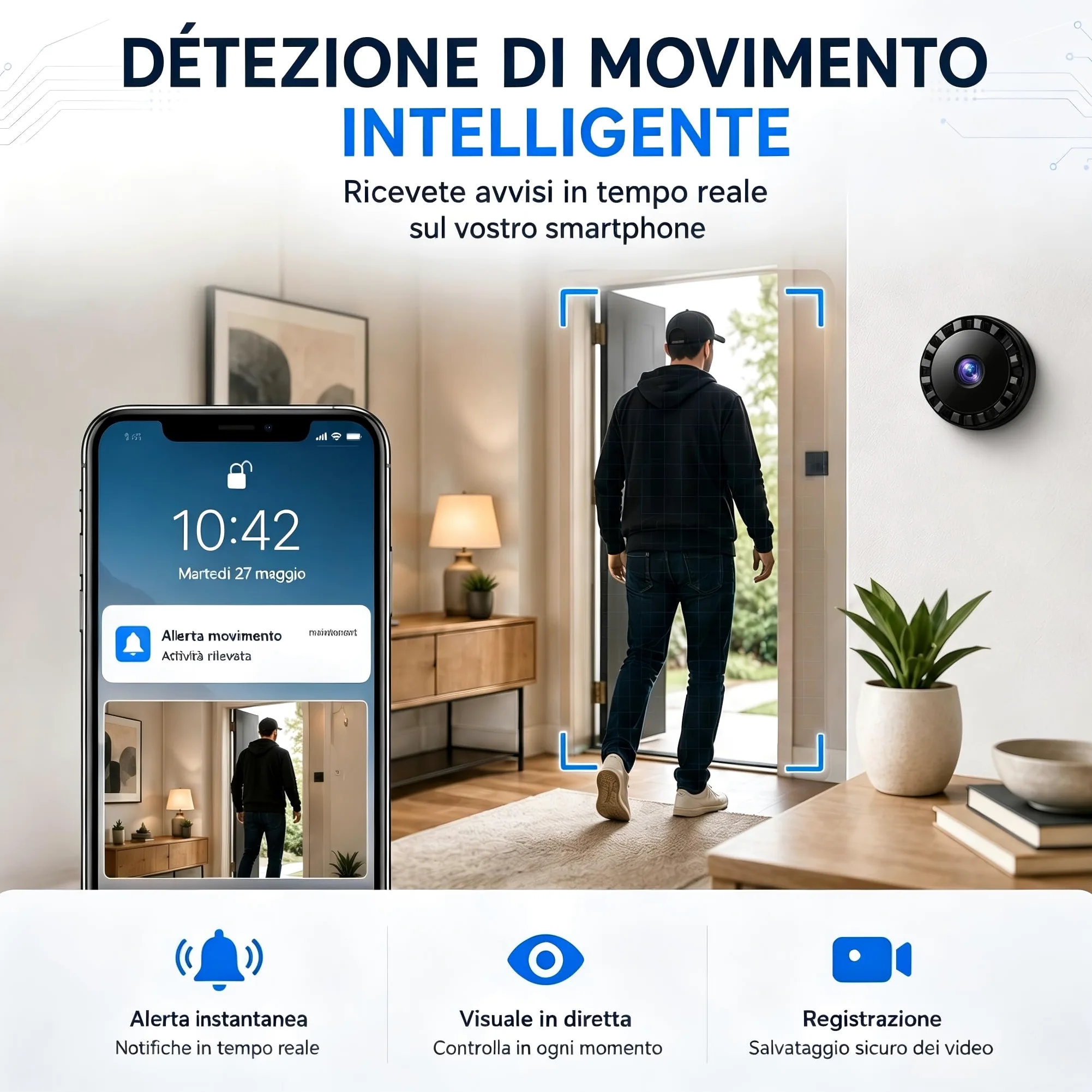 2026 Mini Telecamera Spia WiFi Interno/Esterno, 1080P Videocamera Sorveglianza, Visione Notturna, Rilevamento di Movimento, Controllo Remoto Con App per Casa/Bambini L/X 2