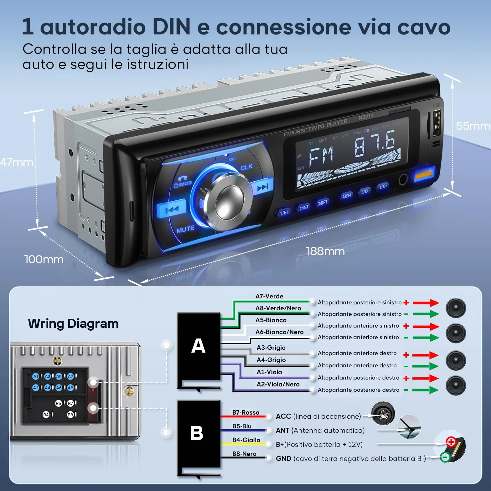 RDS Autoradio Bluetooth 5.0 con Vivavoce, Wistrue Stereo Auto Bluetooth con 2 USB/AUX/SD,Autoradio 1 DIN Supporta Lettore MP3/WMA/WAV, Compatibile con iOS e Android