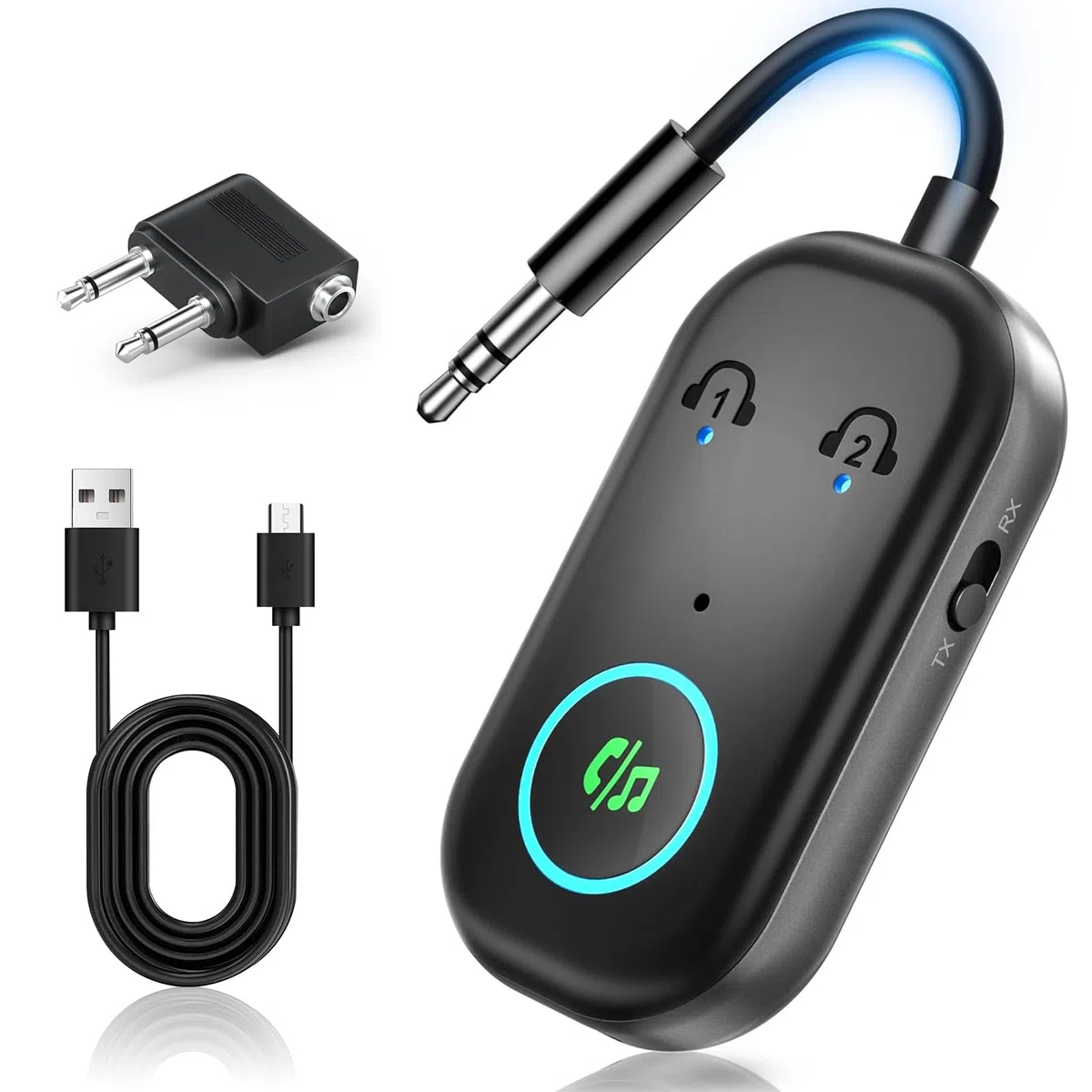 Trasmettitore Bluetooth 5.3, Adattatore Bluetooth 2-in-1, Adattatore Cuffie Aereo Supporta 2 Auricolare, 3.5 mm AUX Jack Trasmettitore per TV, Telefono Mobile, Car Audio Systems, Palestra