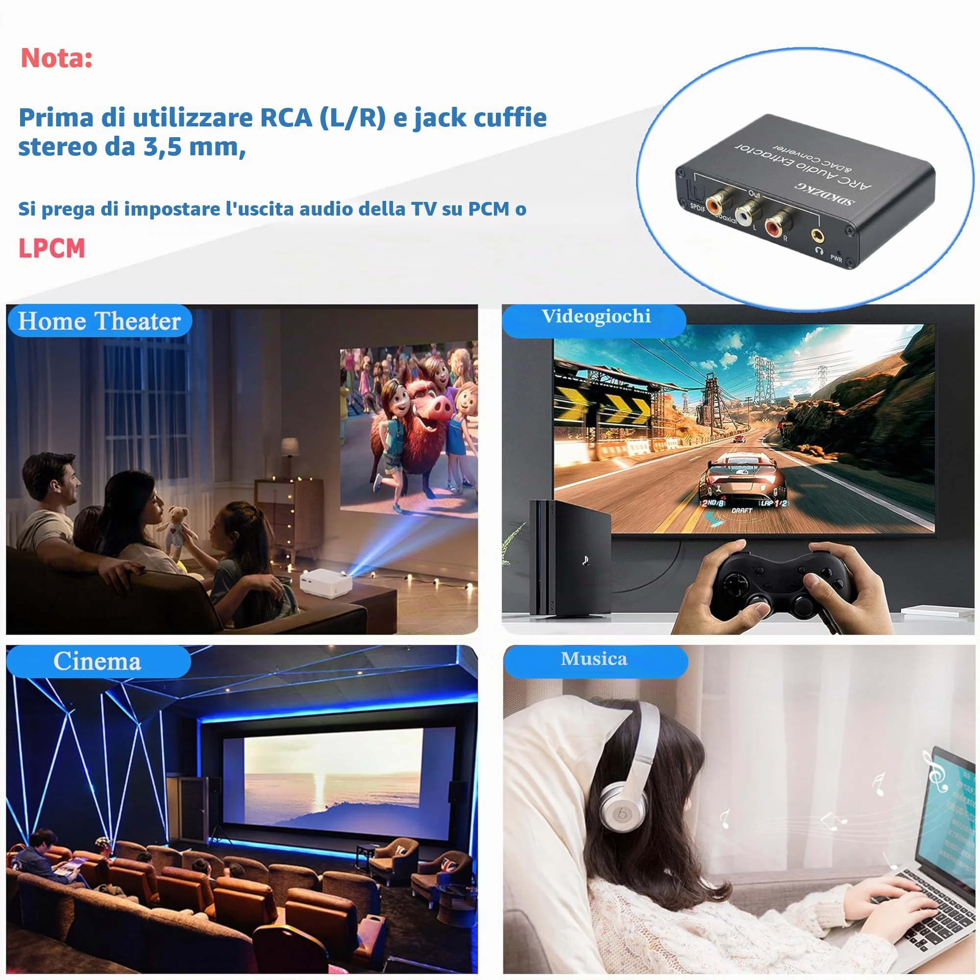 Transduttore DAC HDMI ARC, estrattore audio HDMI/SPDIF ottico Toslink a RCA 3,5 mm Jack L/R, adapter audio per amplificatore HDTV