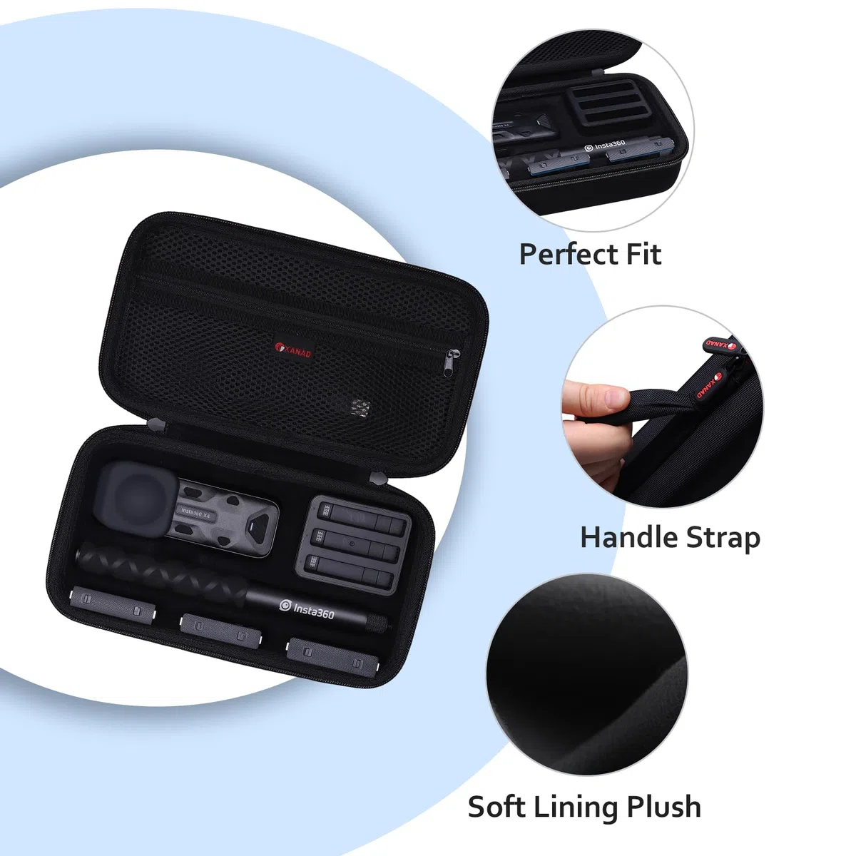XANAD Borsa da Trasporto per Action Cam Insta360 X5 X4 X3 ONE X2 GO 3, Borsa a Tracolla Compatibile con Selfie Stick Invisibile 114 cm e Accessori(Nero)