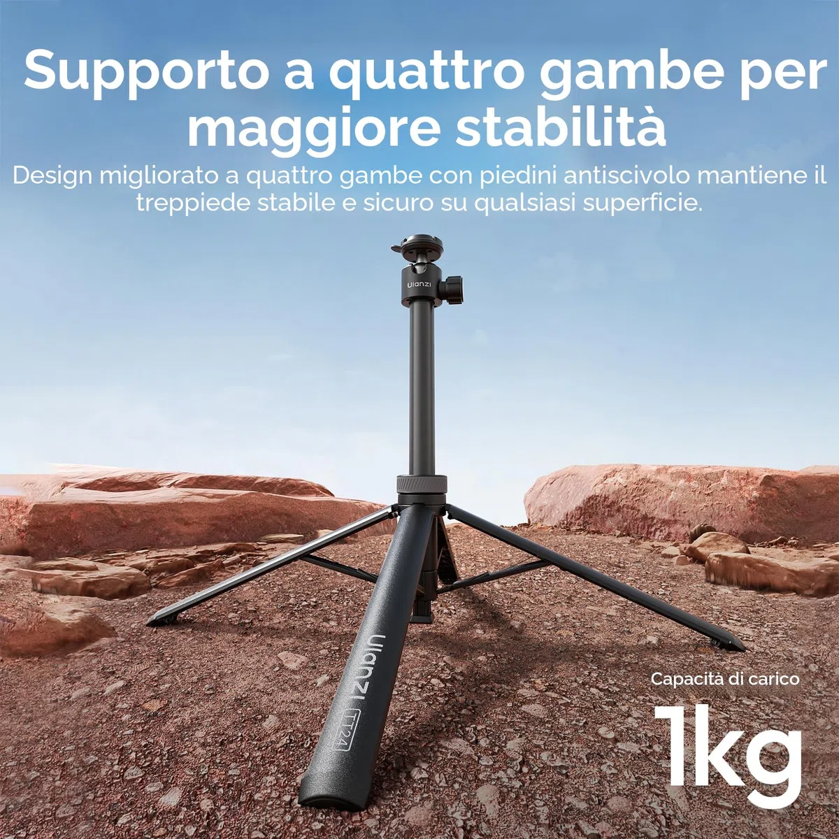 ULANZI TT24 Selfie stick treppiede 150 cm con 4 piedi, Apertura automatica, Cavalletto action cam a sgancio rapido CKA, Carico 1 kg, Compatibile con Insta360 ace pro X3 4 5, DJI Pocket Action, Go pro
