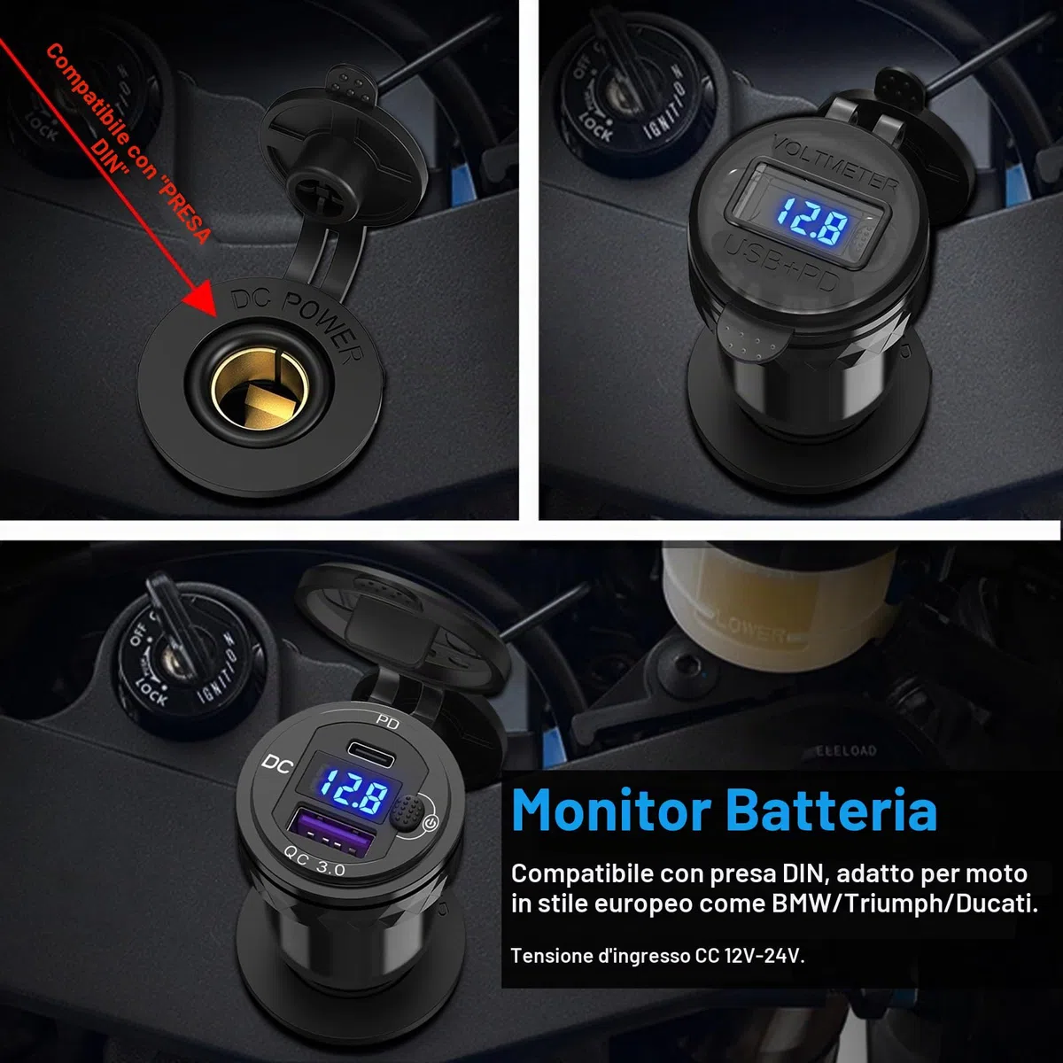 Presa DIN a USB C Caricabatterie per Moto: Qidoe Metallo Dual Porte QC3.0 e PD3.0 Adattatore Din Hella a USB con Voltmetro Interruttore per 12-24 V Motocicli Europei Ducati/Triumph/BMW