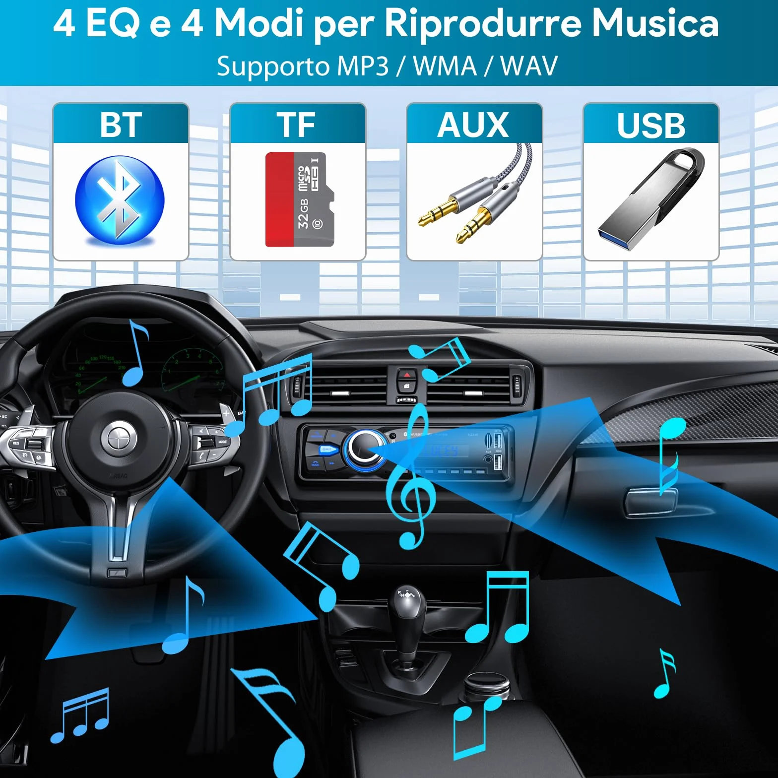 Chismos Stereo Auto 1 DIN Autoradio Bluetooth FM Radio MP3 Lettore Supporta 2 USB/SD/Aux Telecomando Ricarica rapida iOS Android