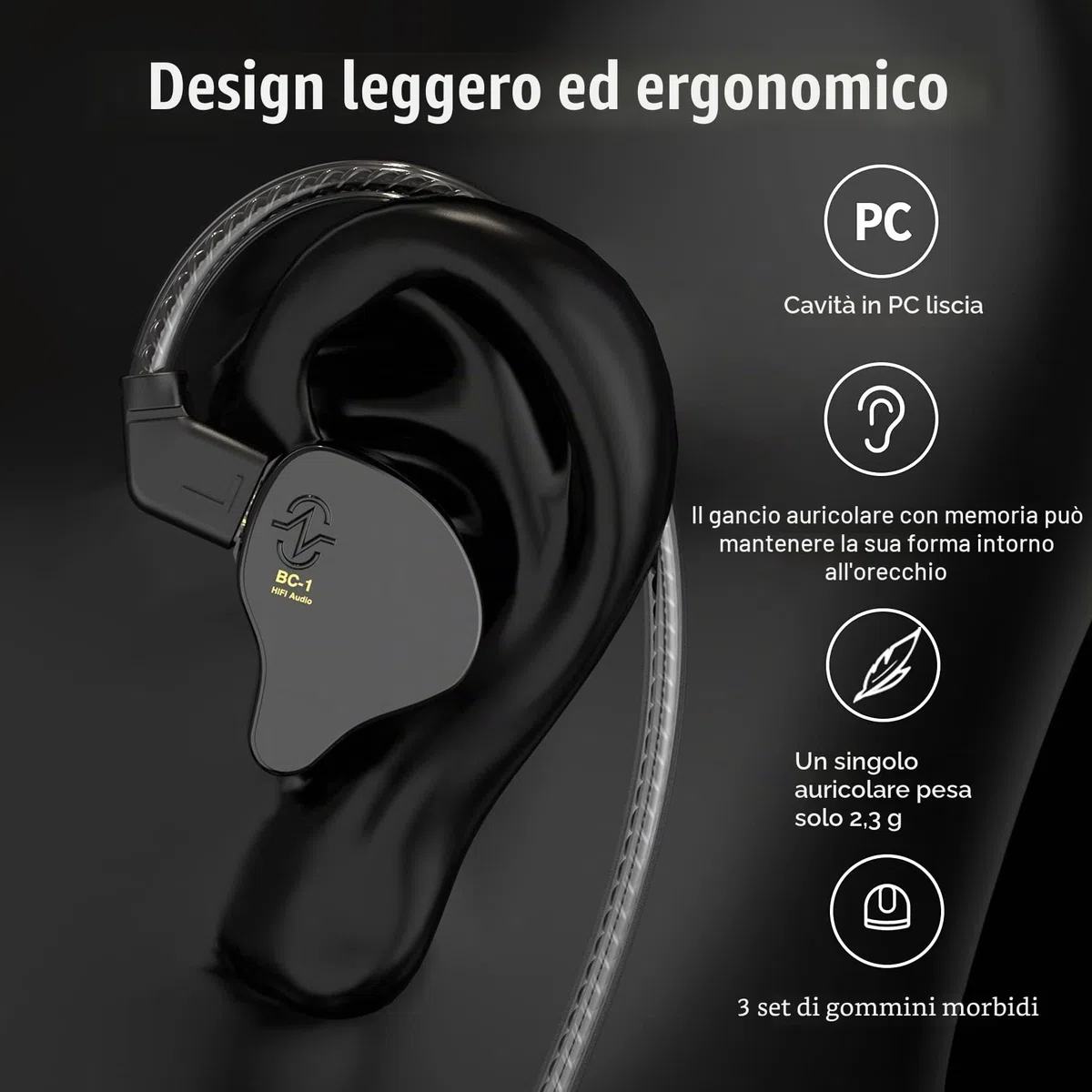 CCZ Melody Monitor In-Ear, cuffie in-ear cablate, cuffie senza microfono, IEM HiFi-Bass con 1DD 1BA, alette auricolari, cavo 4N OFC per musicisti, cantanti, batteristi, sul palco, studio