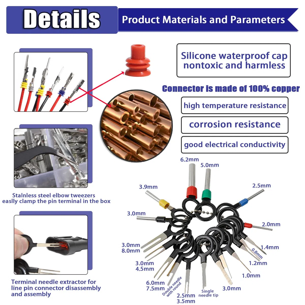 Kit di connettori a perno crimpato per auto elettrica auto 1/1,5/1,8/2,2/2,3/2,5/2,8/3,5 mm maschi e femminili guarnizioni per fili rimozione kit attrezzi moto ATV filo Ni