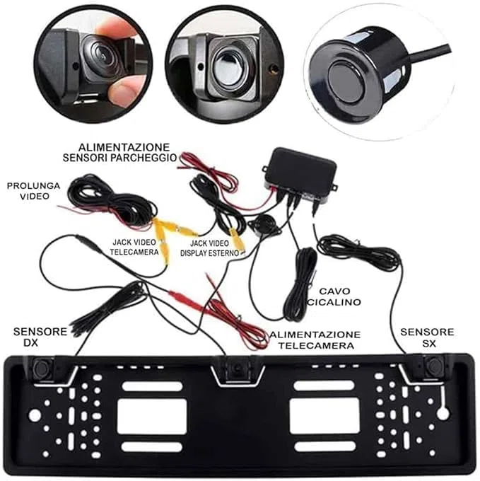 SQUADO Porta targa con telecamera posteriore e 2 sensori di parcheggio per auto europea, Retromarcia, Portatarga con camera e sensore, Allarme sonoro