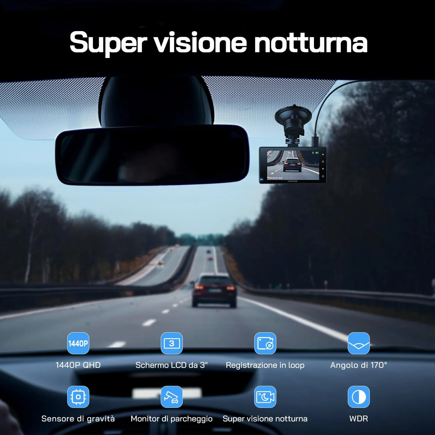 WOLFANG 2.5K Doppia Dashcam, Dash Cam Auto IPS 3" con Grandangolo di 310°, 1440P+1080P FHD Telecamera, Visione Notturna,G-Sensor, WDR, Monitor di Parcheggio, Registrazione in Loop