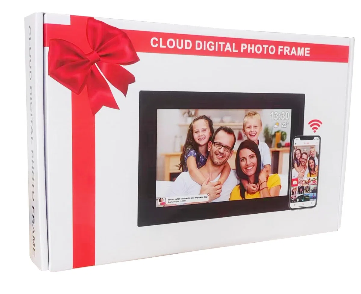 Frameo - Cornice digitale WiFi da 25,4 cm, memoria da 32 GB, con touch screen, rotazione automatica, montabile a parete, 1280 x 800 cm, cornice elettronica (bianco)
