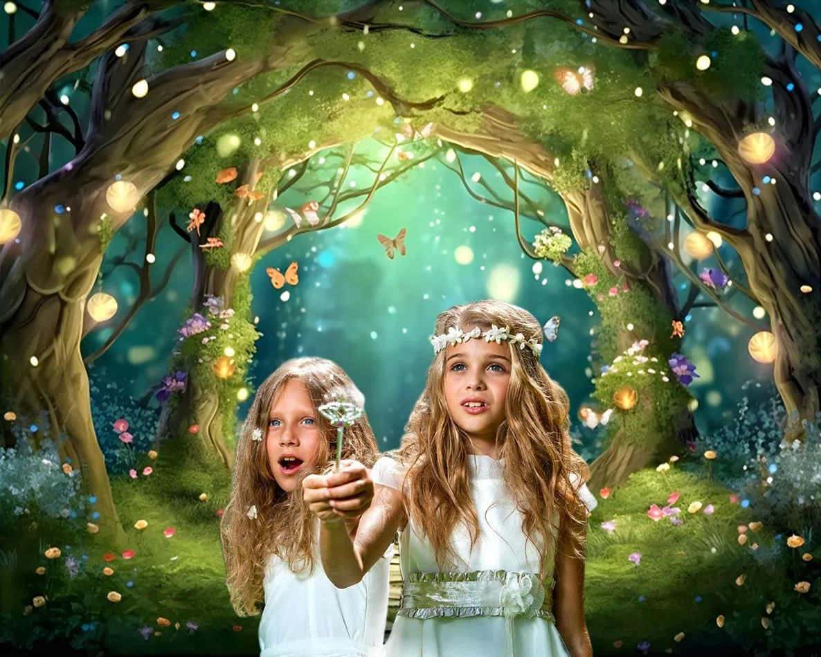 2.7x1.8m Sfondo foresta incantata Fantastico paese delle meraviglie bosco farfalla fiori albero sfondo fotografico principessa festa di compleanno neonato baby shower decorazioni