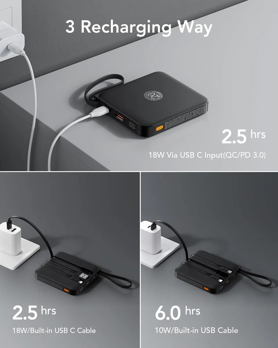 VRURC Power bank 10000mAh con 4 cavi integrati, 22.5W Batteria USB C a Ricarica Rapida, PowerBank per Cellulare Display LED per iPhone 15 14 Samsung Galaxy S23 Google Pixel Tablet Android - Nero