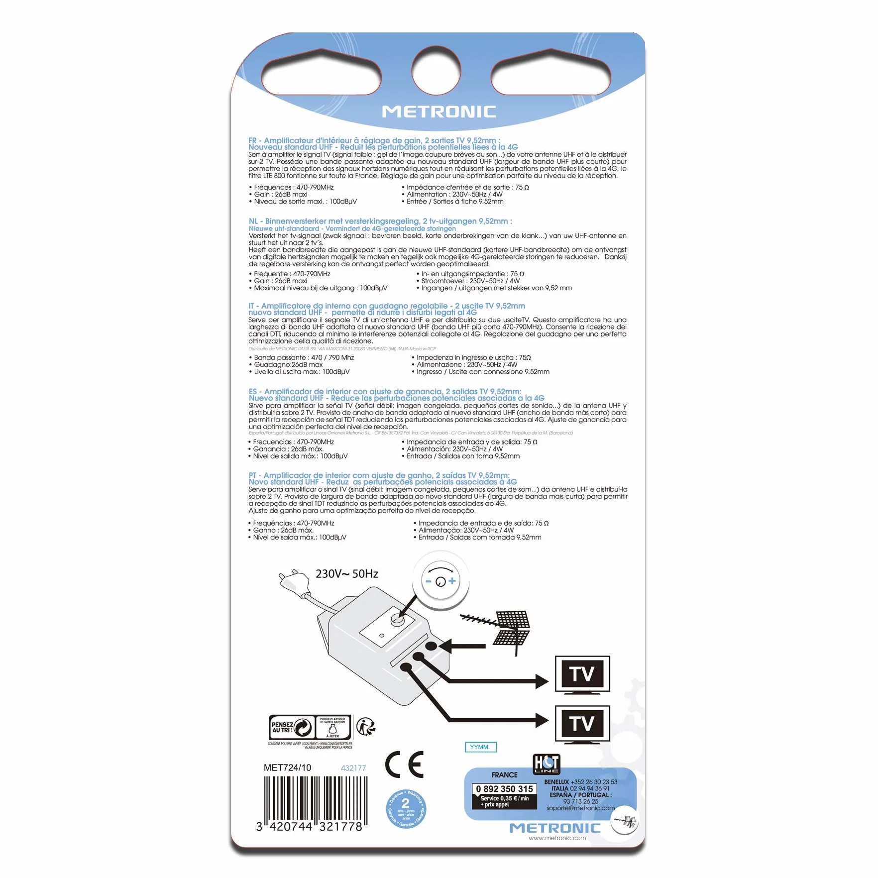 Metronic 432177 – Amplificatore da interno con regolazione di Gain, colore: bianco