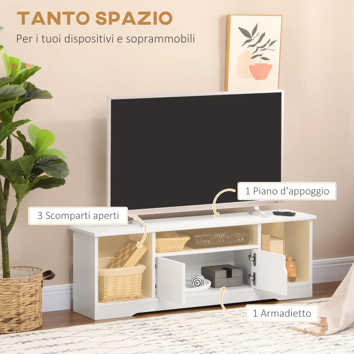 HOMCOM Mobile Porta TV Fino a 42'' con Armadietto e Ripiani Aperti, Mobiletto TV per Salotto e Soggiorno in Legno, 120x30x41cm, Bianco