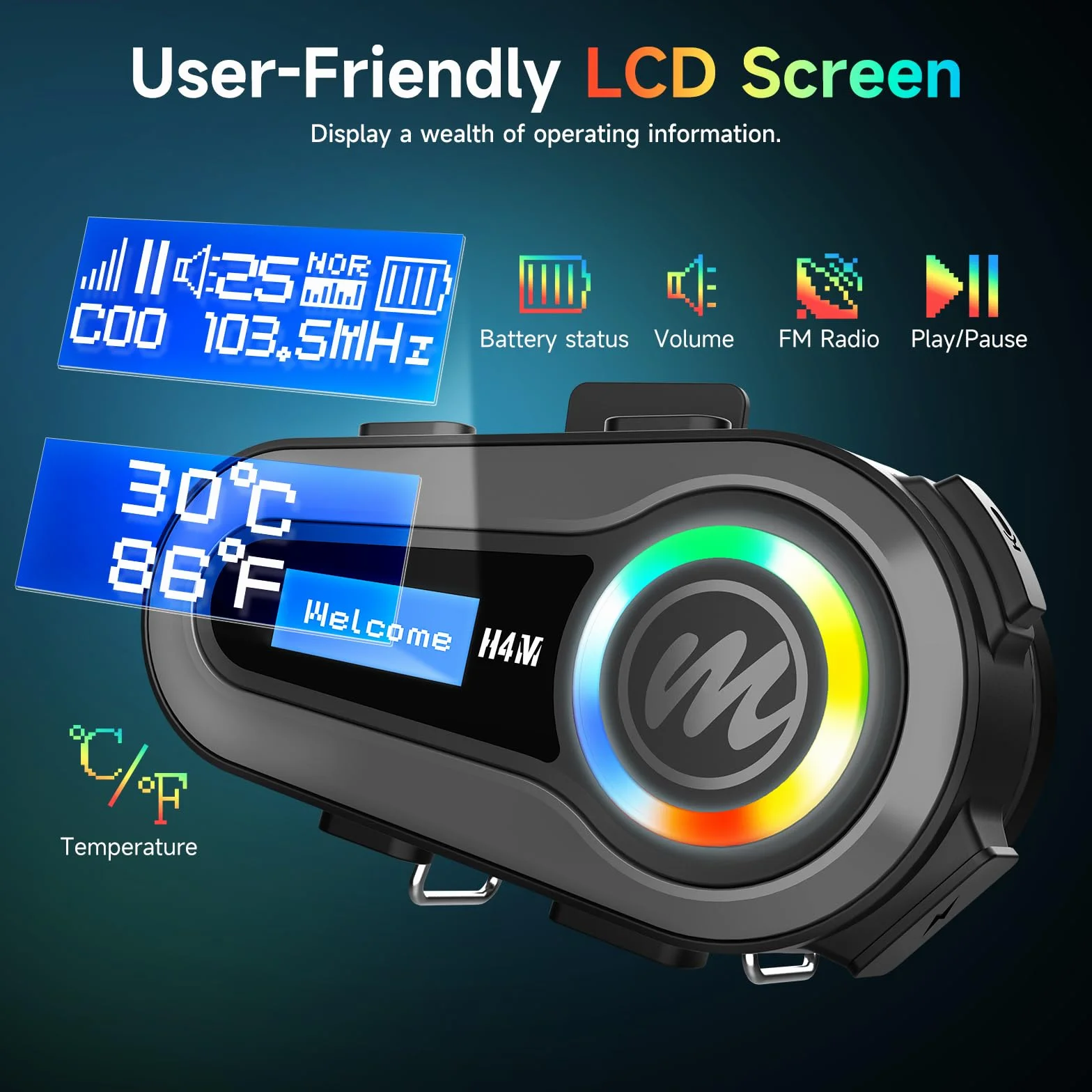 Moman H4M Casco da Moto con Display LCD e 6 Modalità EQ - Casco da Moto con Chip 5.3 con Stereo HiFi FM Radio AI - Assistente vocale - Impermeabile IPX6