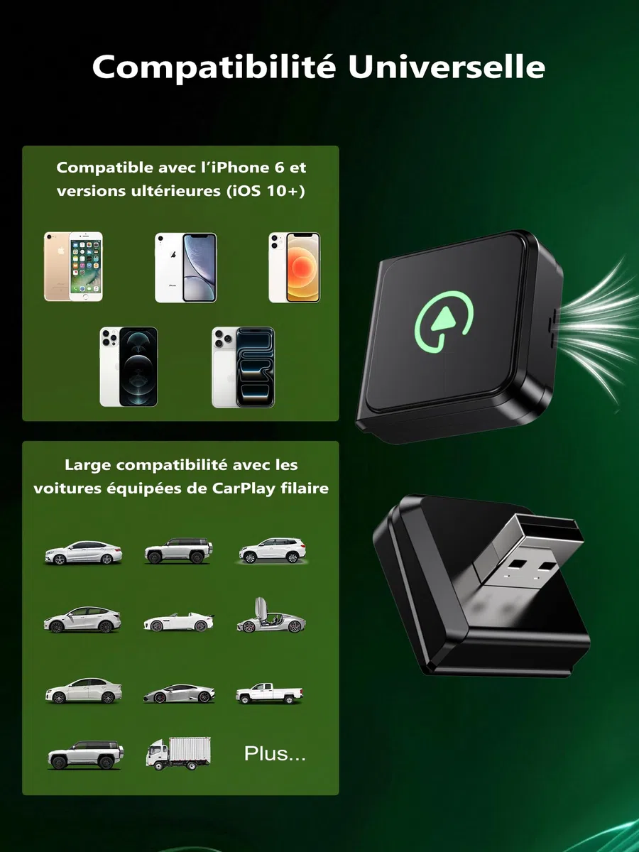 Adattatore CarPlay Wireless Per iPhone:Android Auto Wireless & CarPlay Wireless – Stabile, Compatibile con iPhone iOS 10+ e Auto con CarPlay di Serie, Connessione Automatica, Plug & Play, USB-A/Type-C