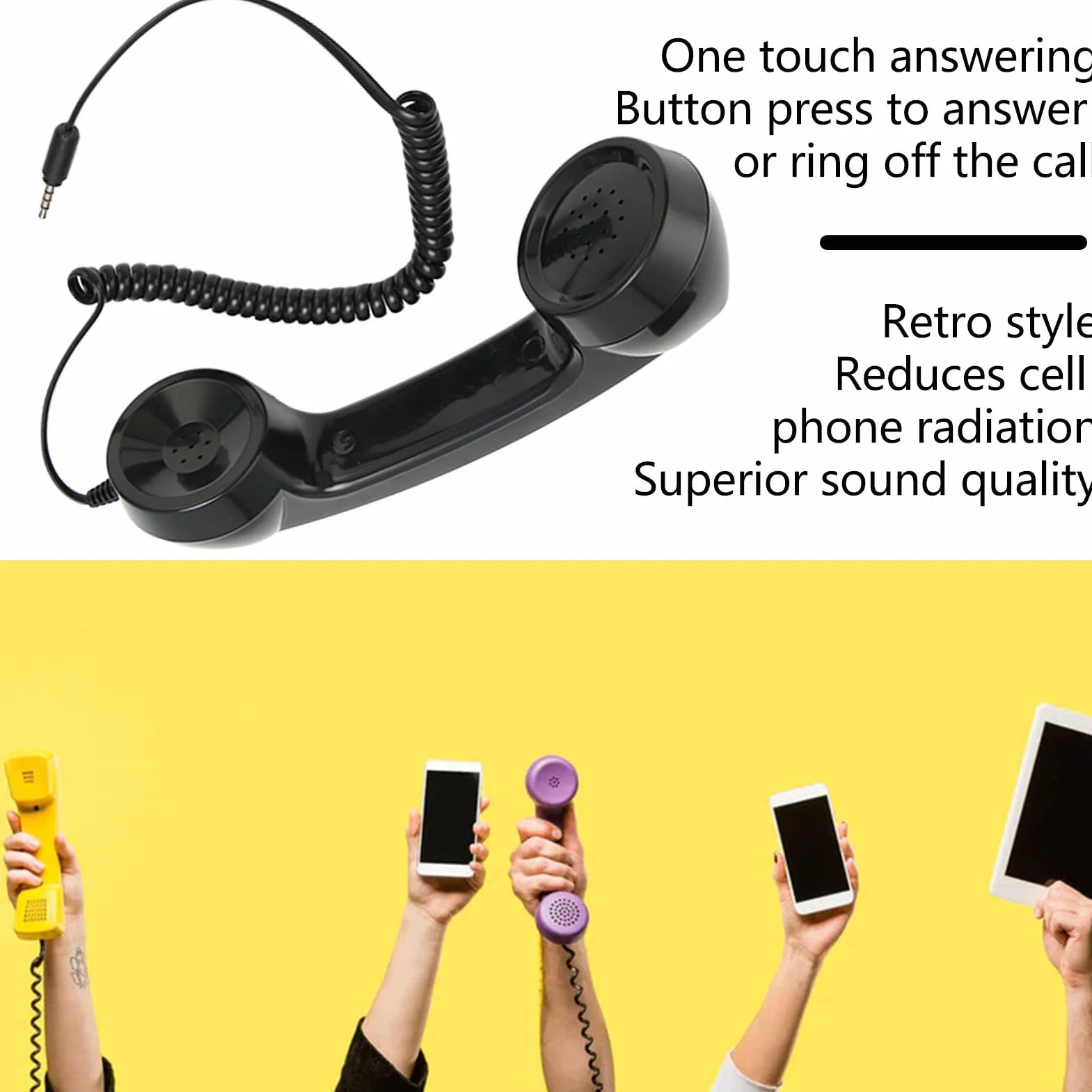 Microtelefono retrò, Ricevitore Telefonico retrò Sostitutivo, Ricevitore per Telefono Cellulare Portatile Universale per Smartphone, Computer con Jack per Cuffie da 3,5 Mm (Nero)