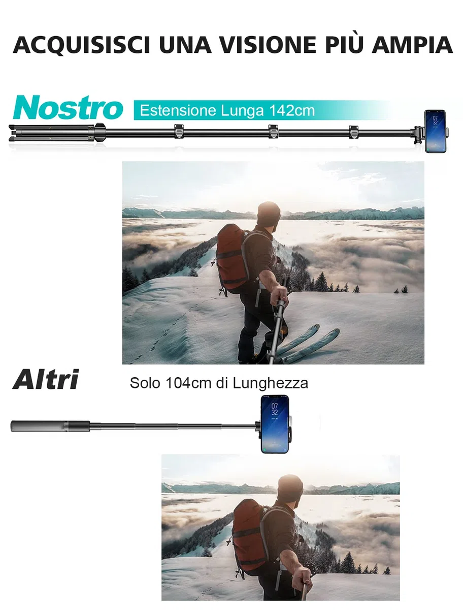 CIRYCASE 142cm/55.9" Treppiede Smartphone, Estensibile All-In-1 Bastone Selfie con Telecomando Bluetooth, Monopiede Fotocamera Compatibile con iPhone/Samsung, Perfetto per Registrazioni Video e Selfie